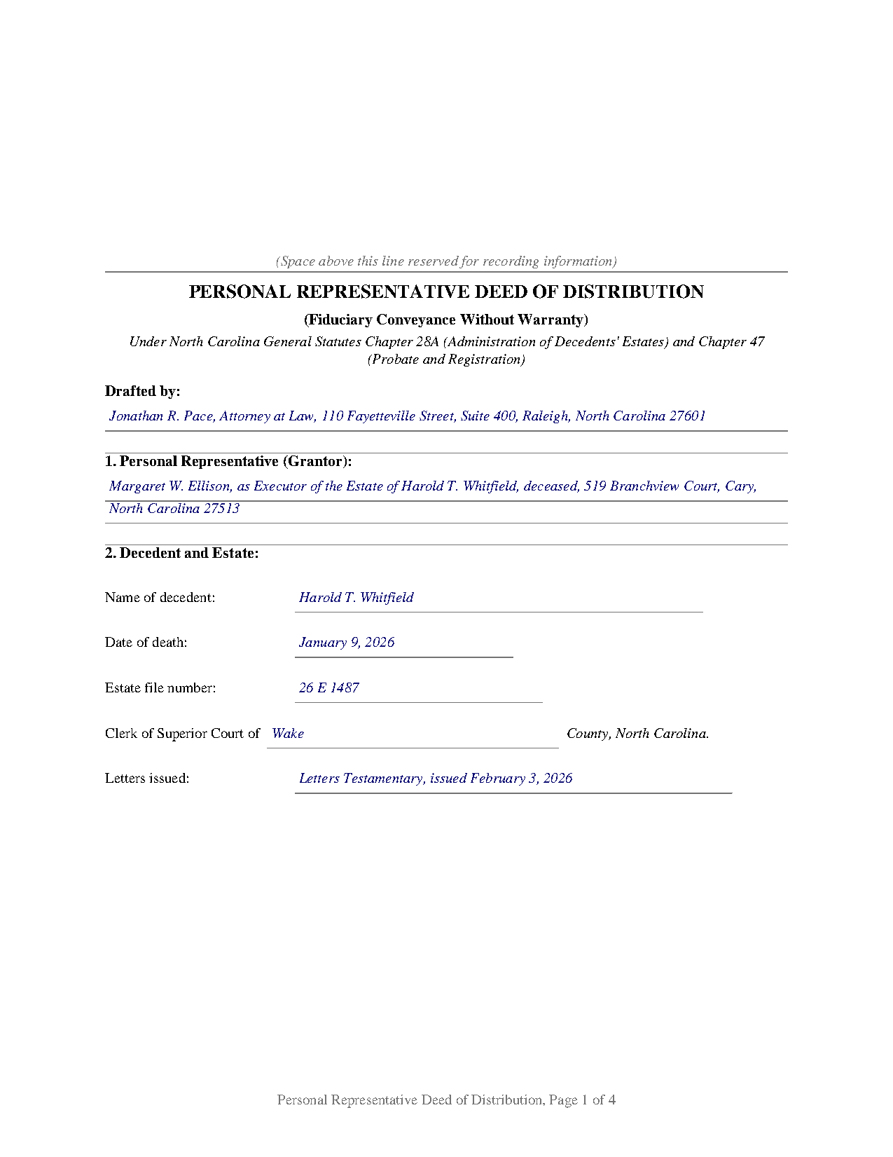Sampson County Completed Example of the Personal Representative Deed of Distribution Document