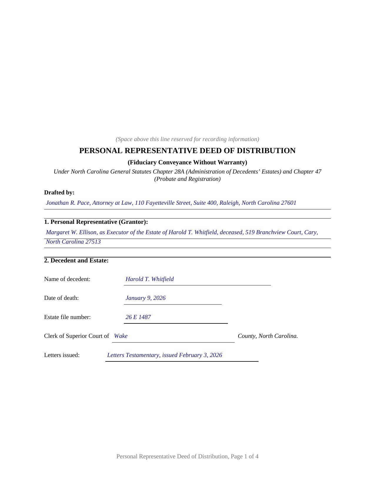 Haywood County Completed Example of the Personal Representative Deed of Distribution Document