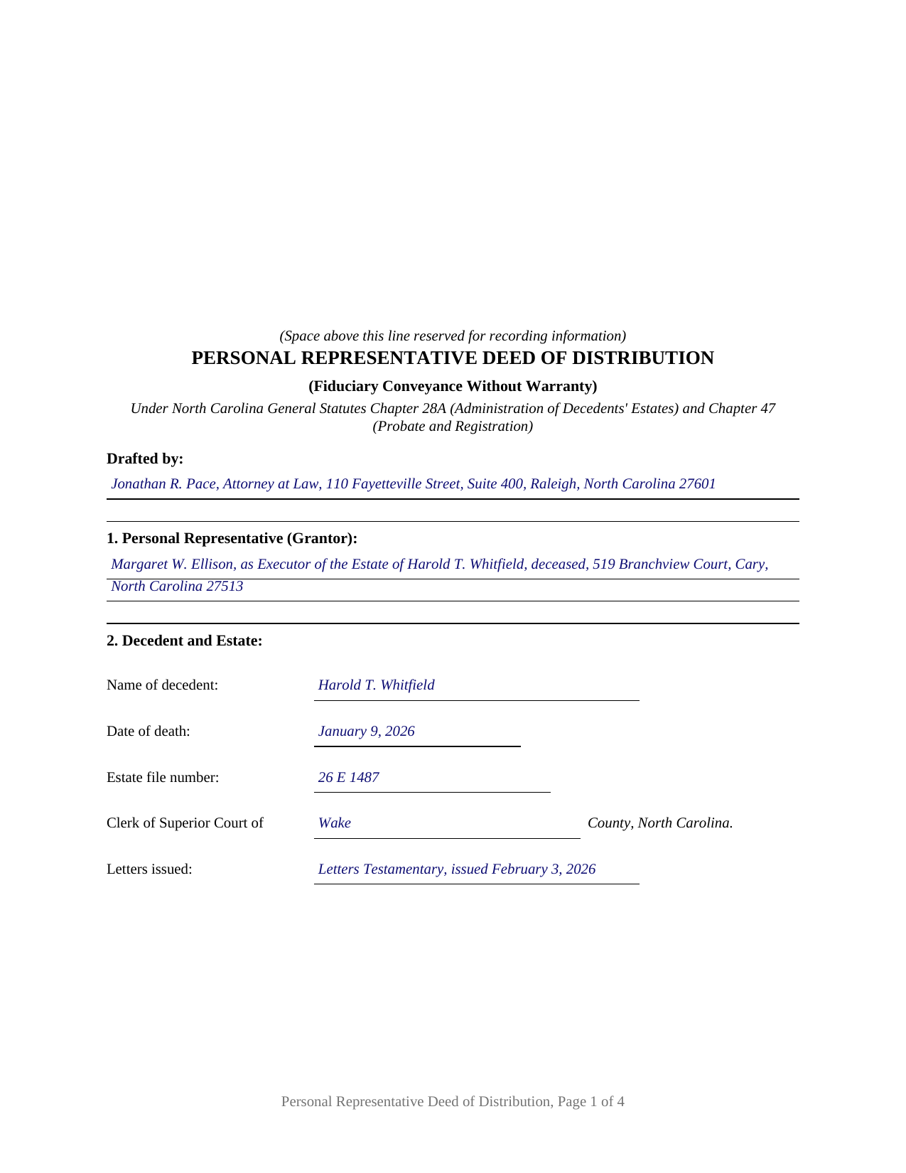 Rutherford County Completed Example of the Personal Representative Deed of Distribution Document