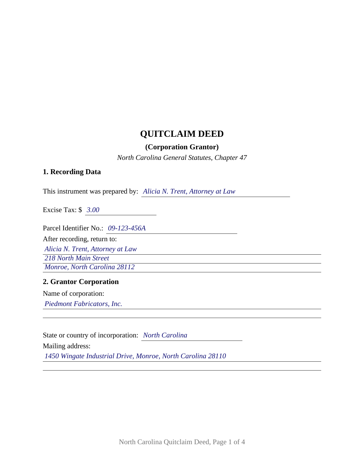 Jackson County Completed Example of the Quitclaim Deed (Corporation Grantor) Document