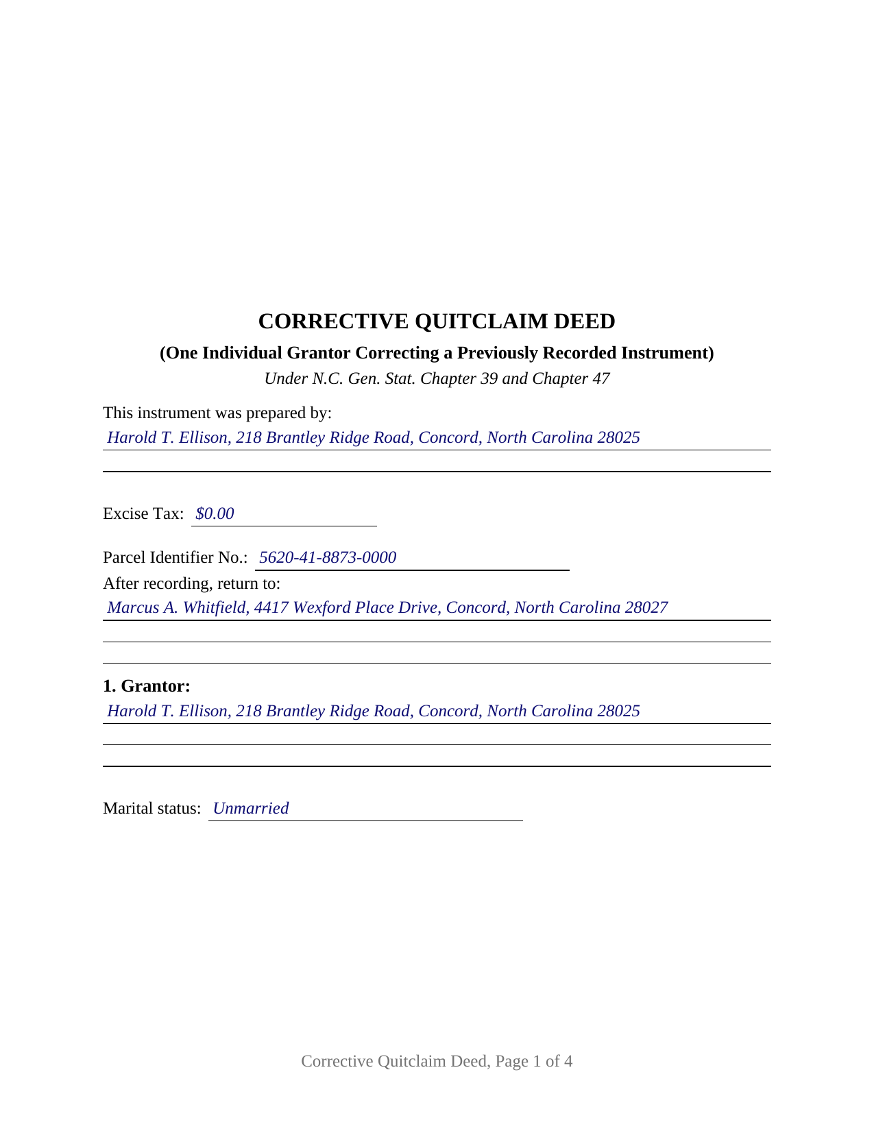 Johnston County Completed Example of the Quitclaim Deed (Corrective) Document