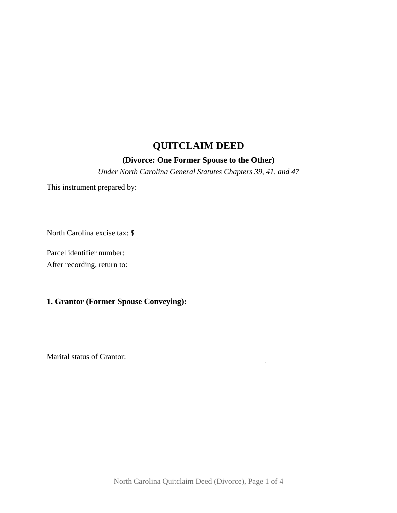 Alamance County Quitclaim Deed (Divorce) Form
