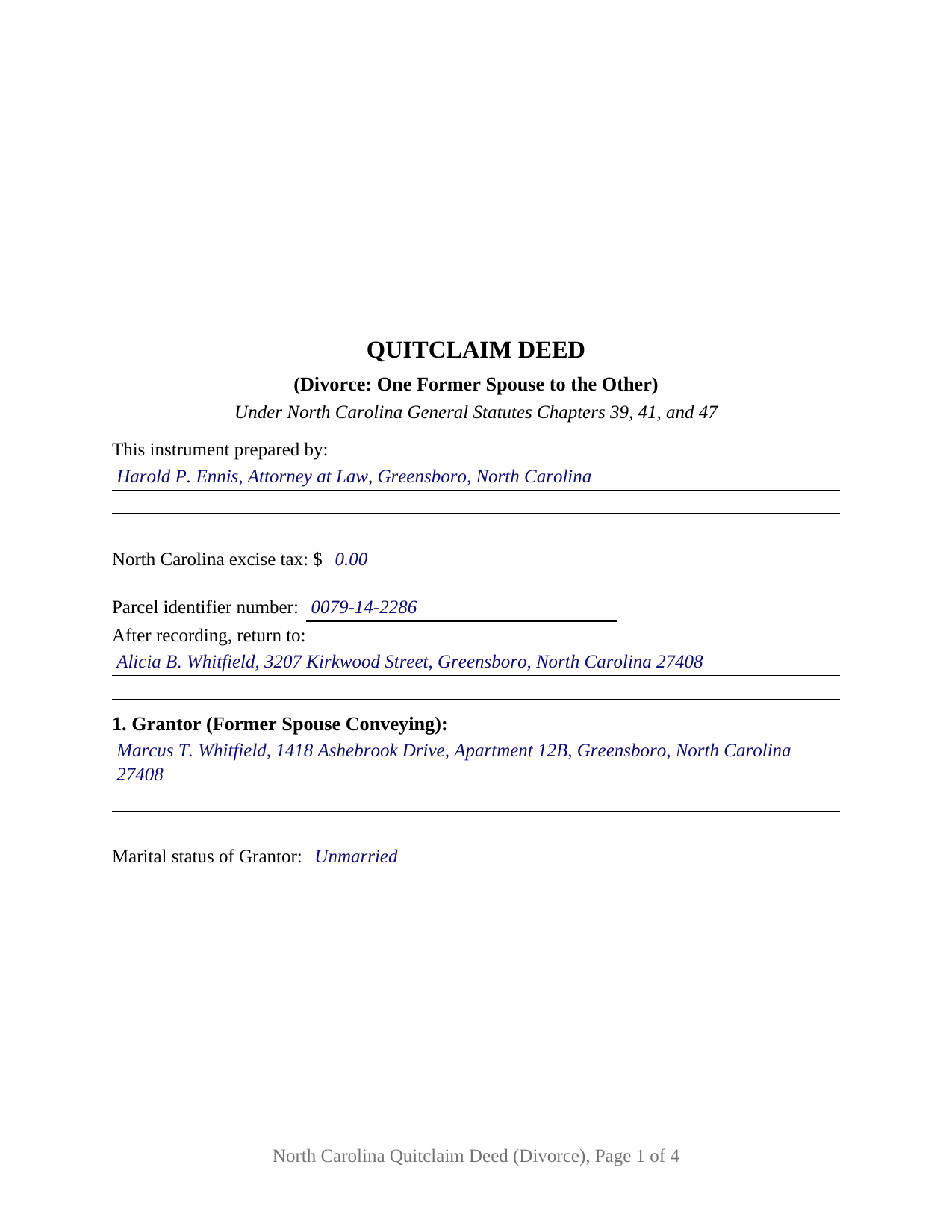 Alamance County Completed Example of the Quitclaim Deed (Divorce) Document