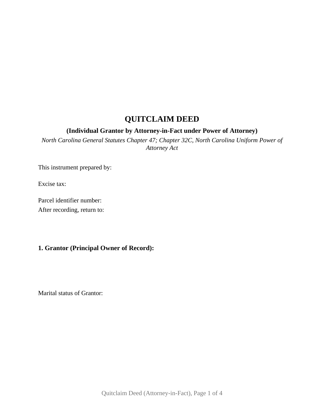 Alleghany County Quitclaim Deed (Individual Grantor by Attorney-in-Fact) Form