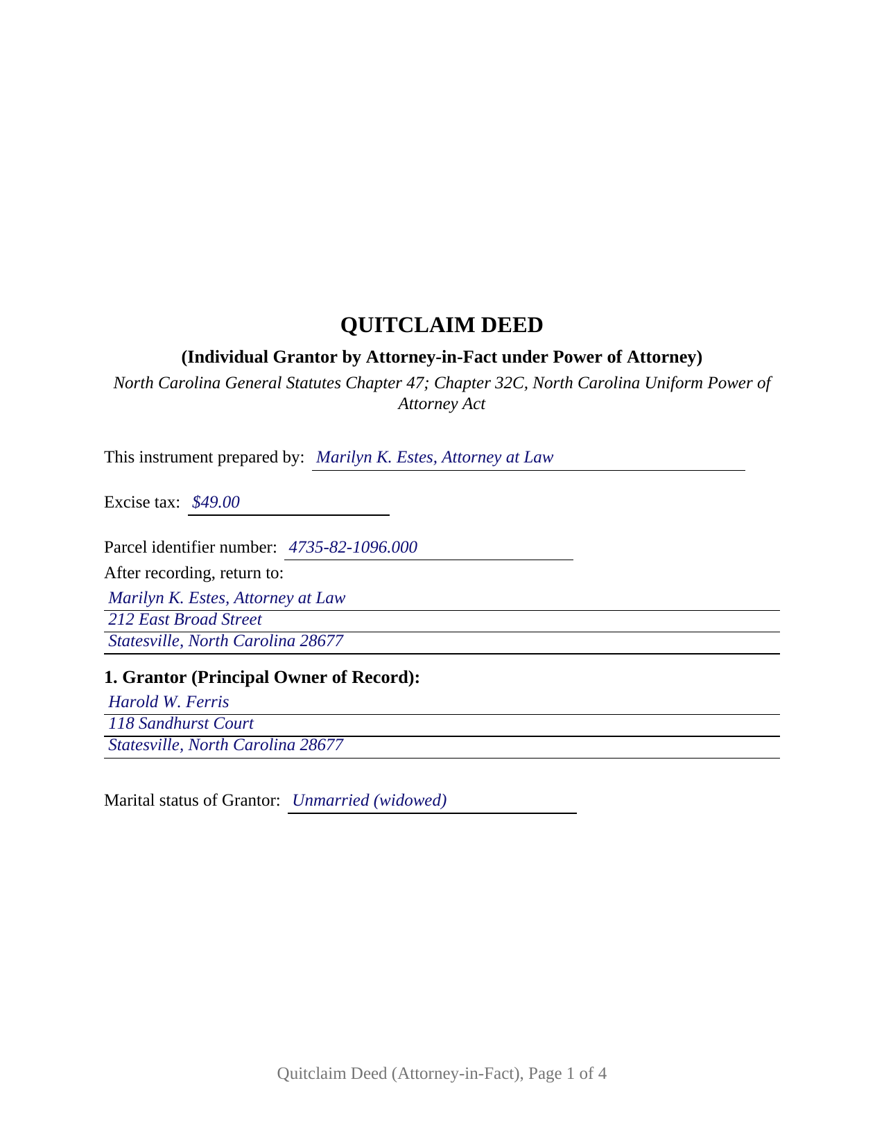 Alleghany County Completed Example of the Quitclaim Deed (Individual Grantor by Attorney-in-Fact) Document