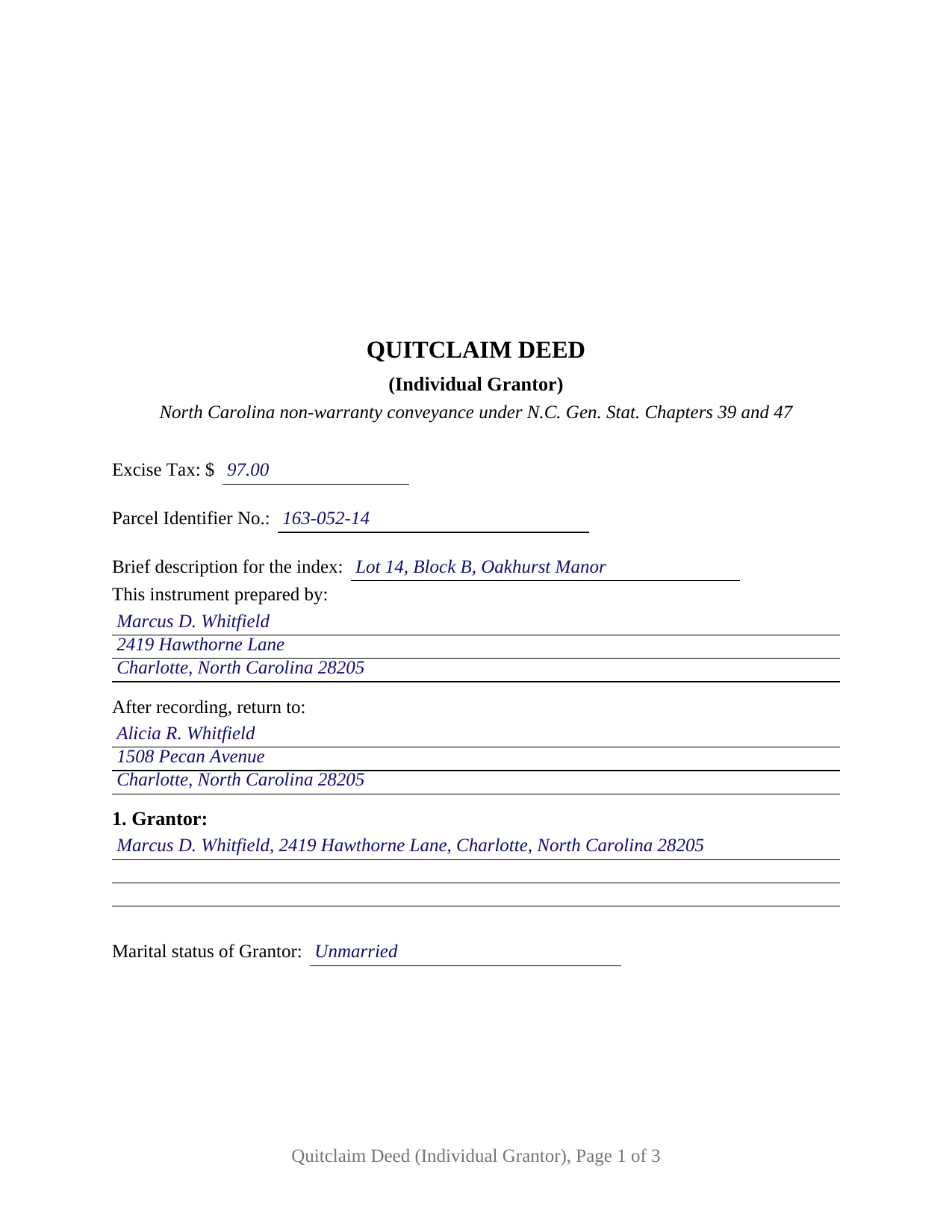 Polk County Completed Example of the Quitclaim Deed (Individual Grantor) Document