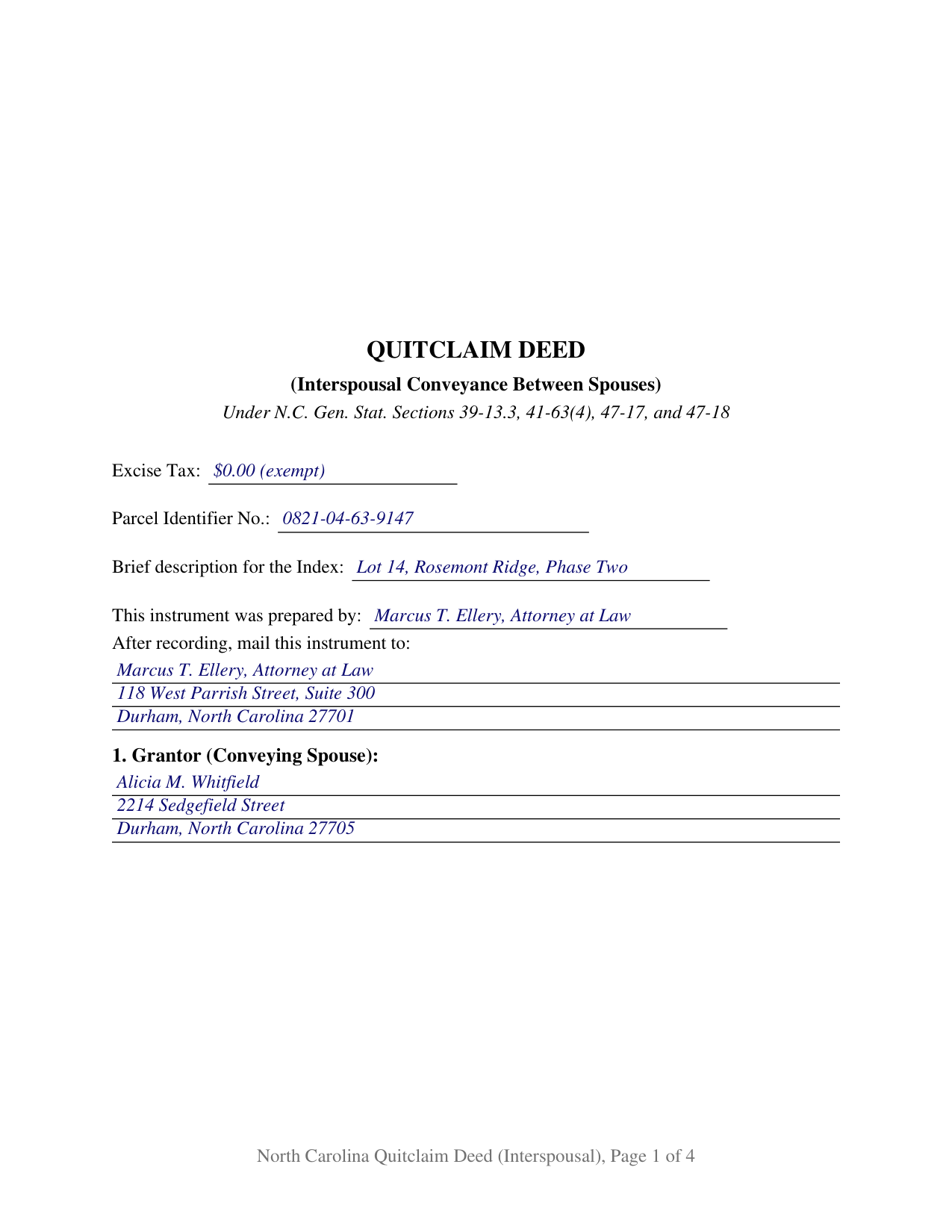 Granville County Completed Example of the Quitclaim Deed (Interspousal) Document