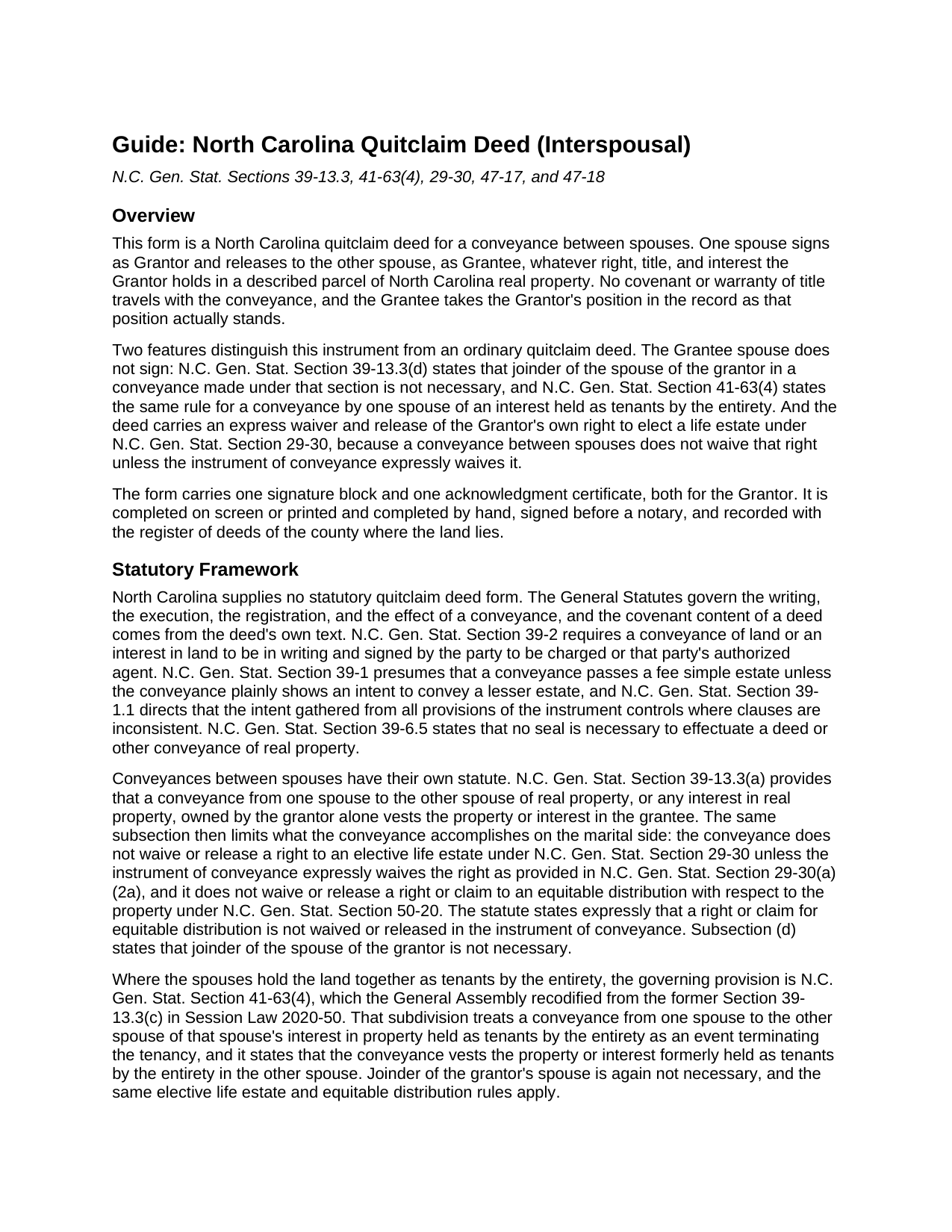 Granville County Quitclaim Deed (Interspousal) Guide