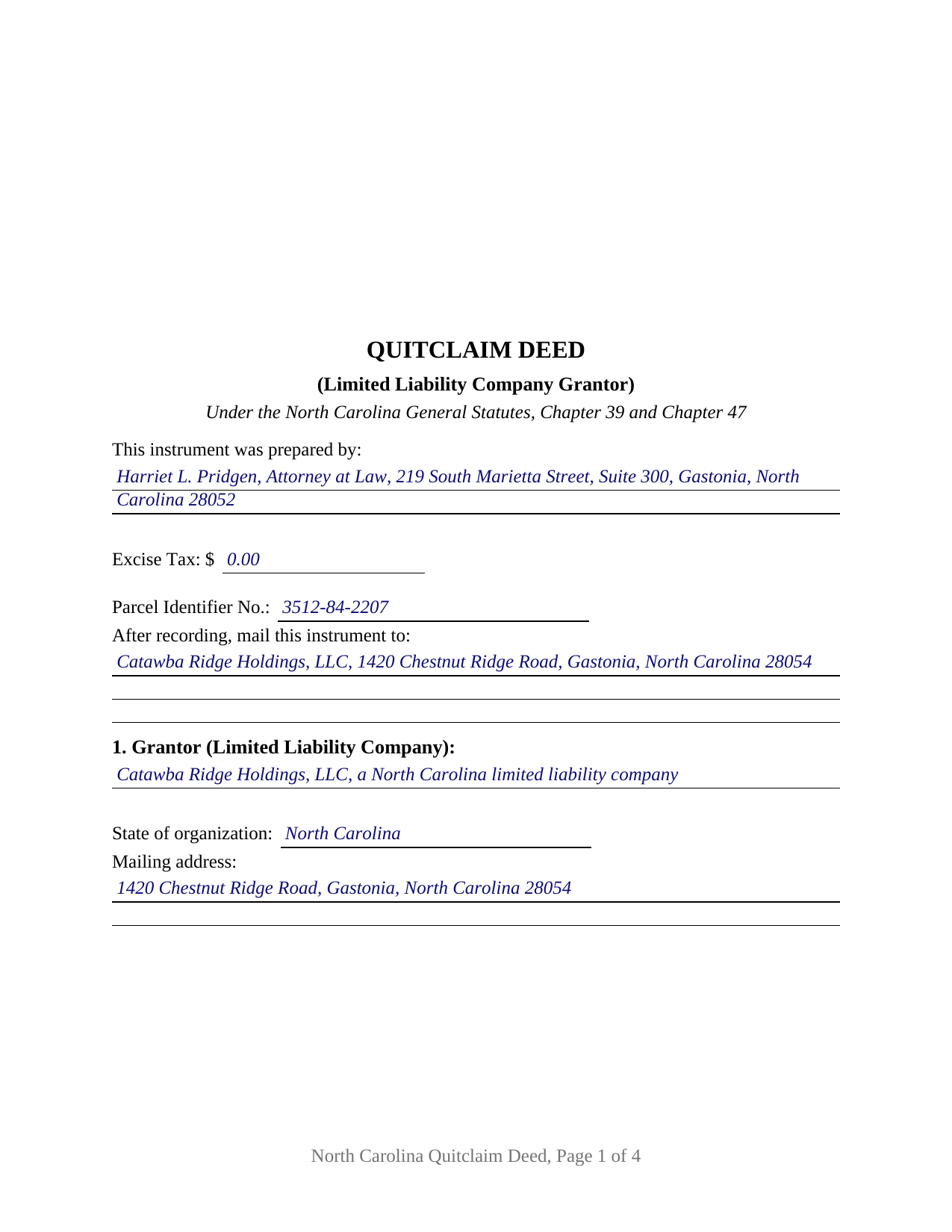 Burke County Completed Example of the Quitclaim Deed (LLC Grantor) Document