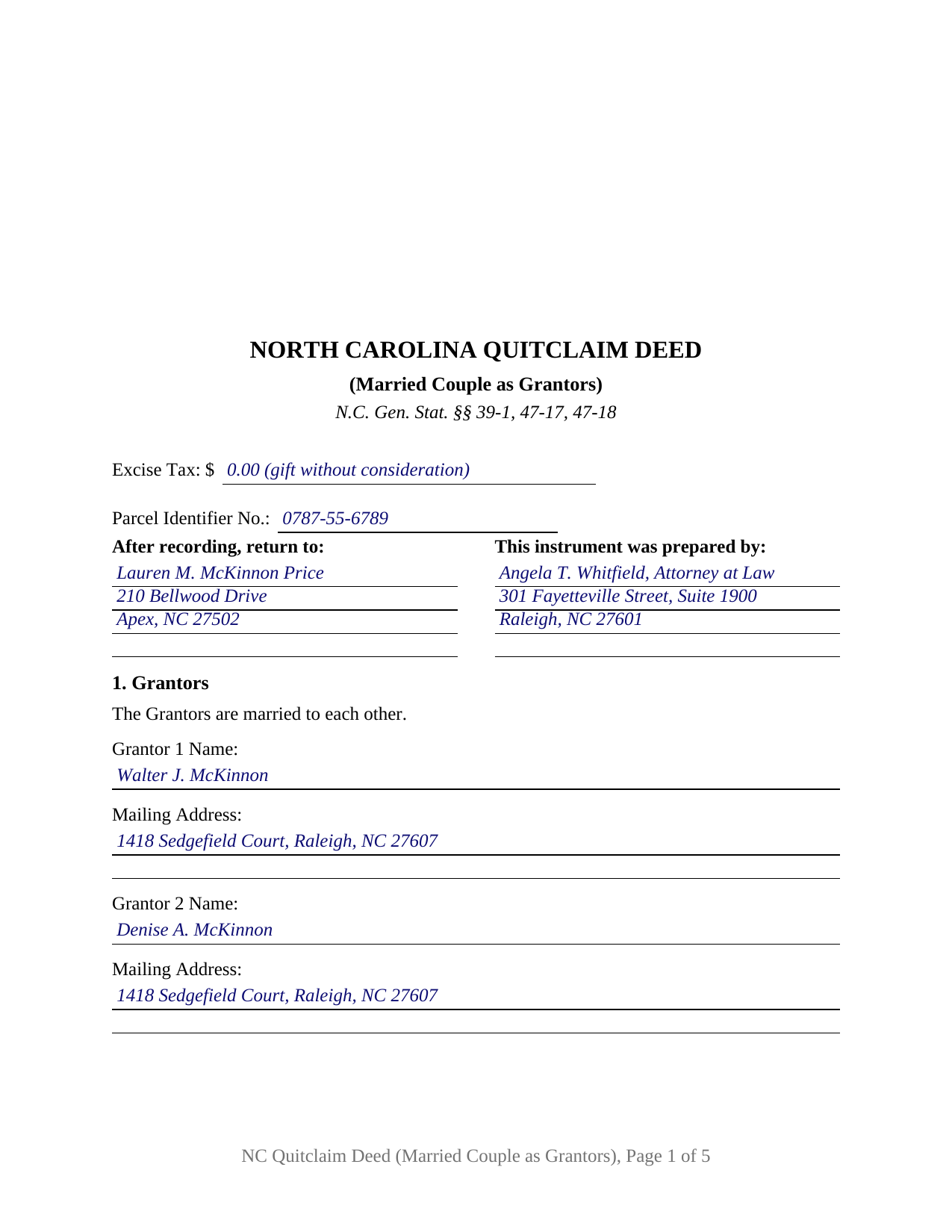 Hyde County Completed Example of the Quitclaim Deed (Married Couple as Grantors) Document