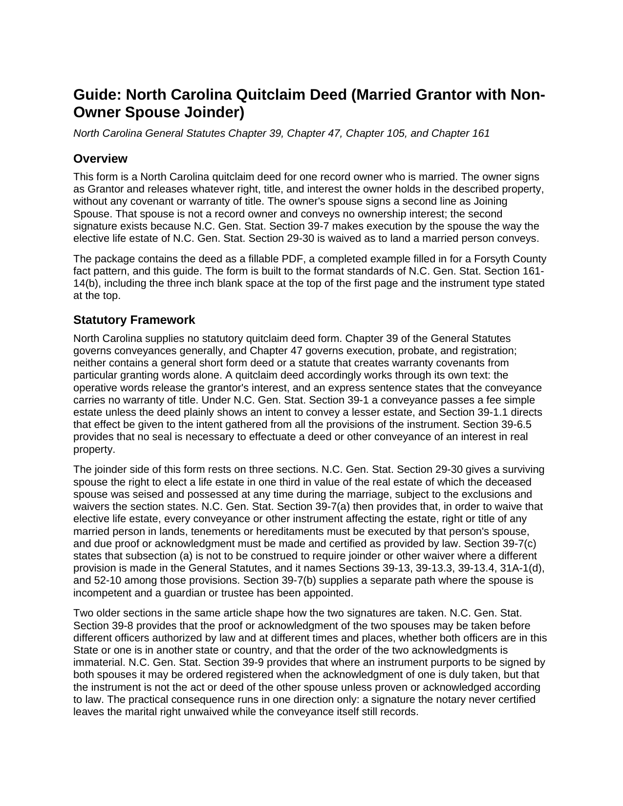 Pasquotank County Quitclaim Deed (Married Grantor with Non-Owner Spouse Joinder) Guide
