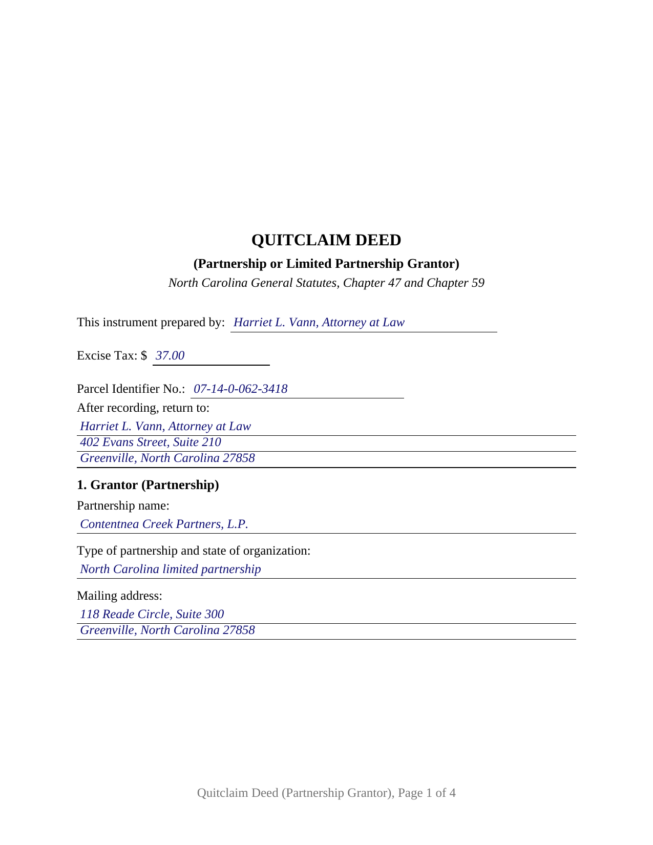 Stanly County Completed Example of the Quitclaim Deed (Partnership or Limited Partnership Grantor) Document