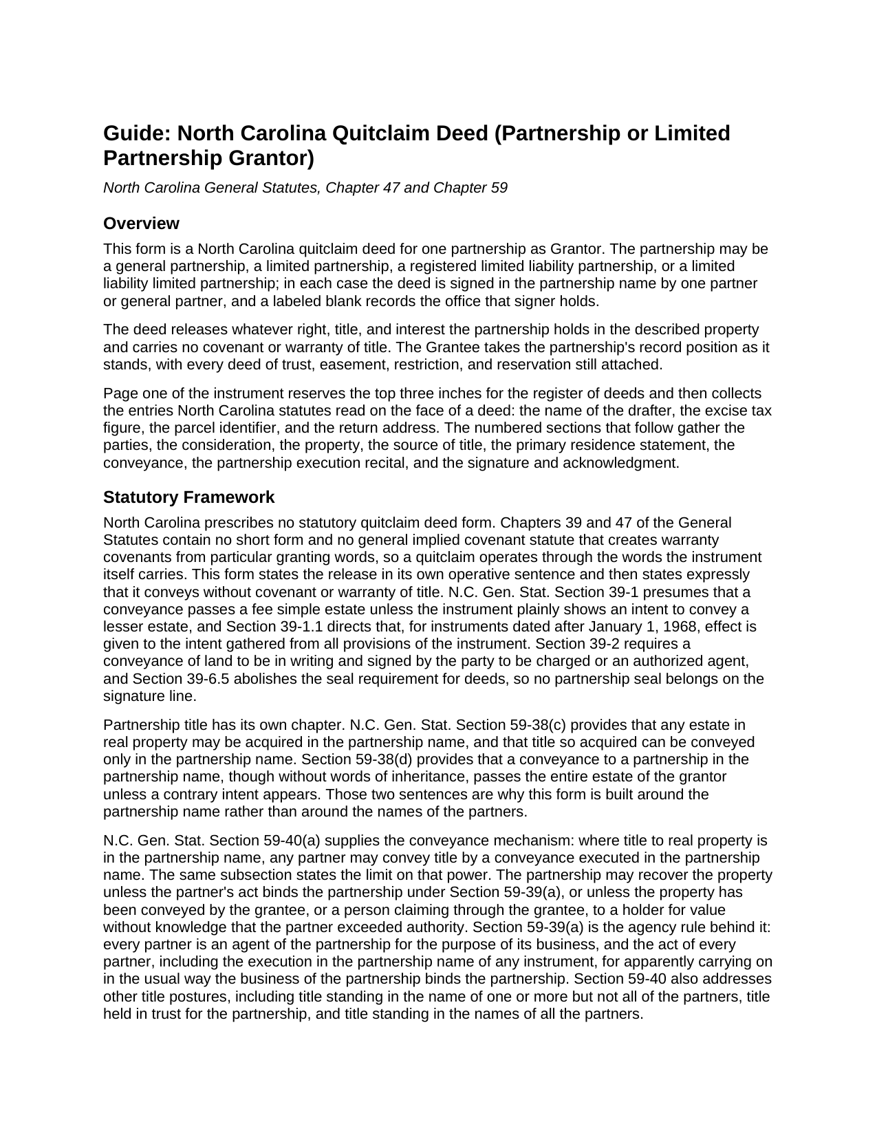 Stanly County Quitclaim Deed (Partnership or Limited Partnership Grantor) Guide