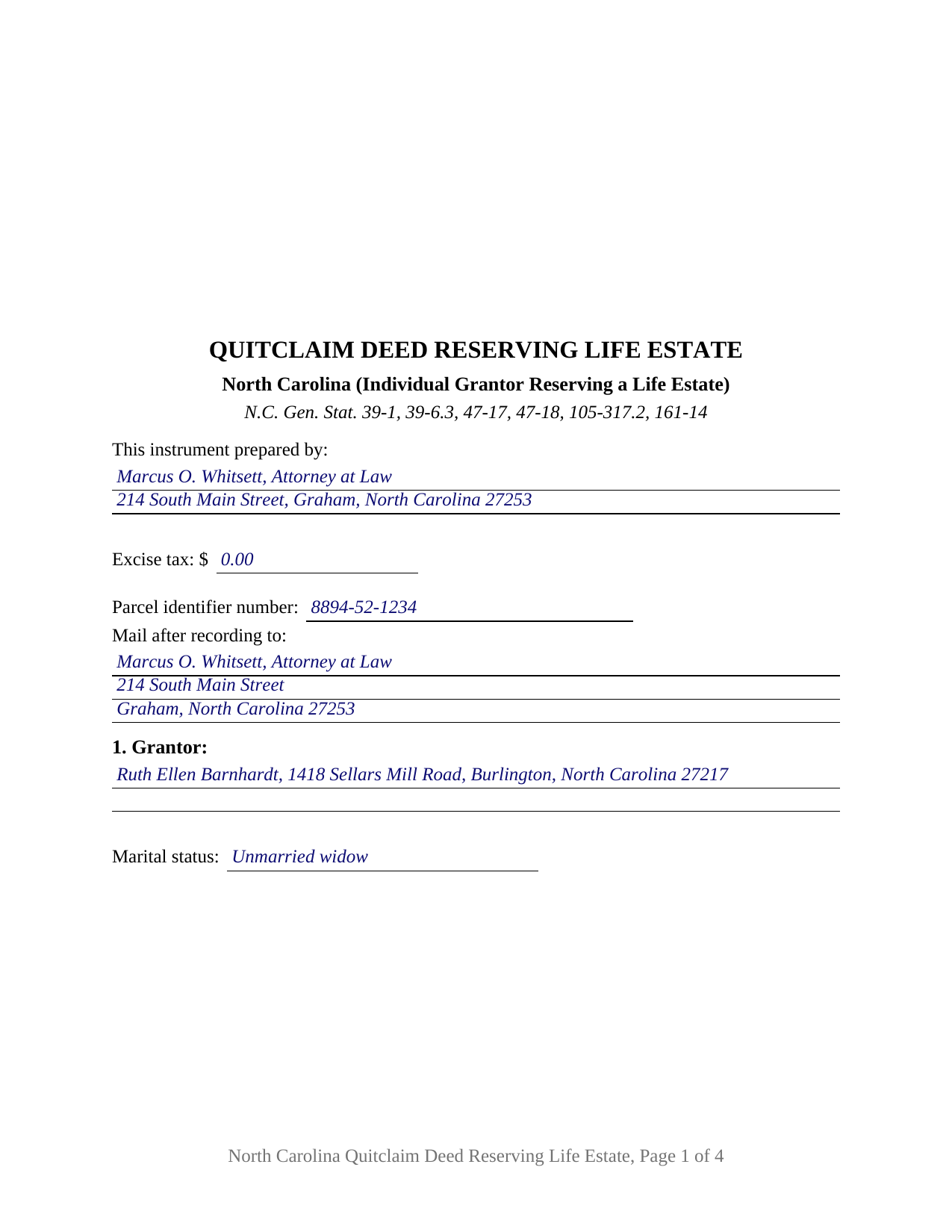 Washington County Completed Example of the Quitclaim Deed (Reserving Life Estate) Document