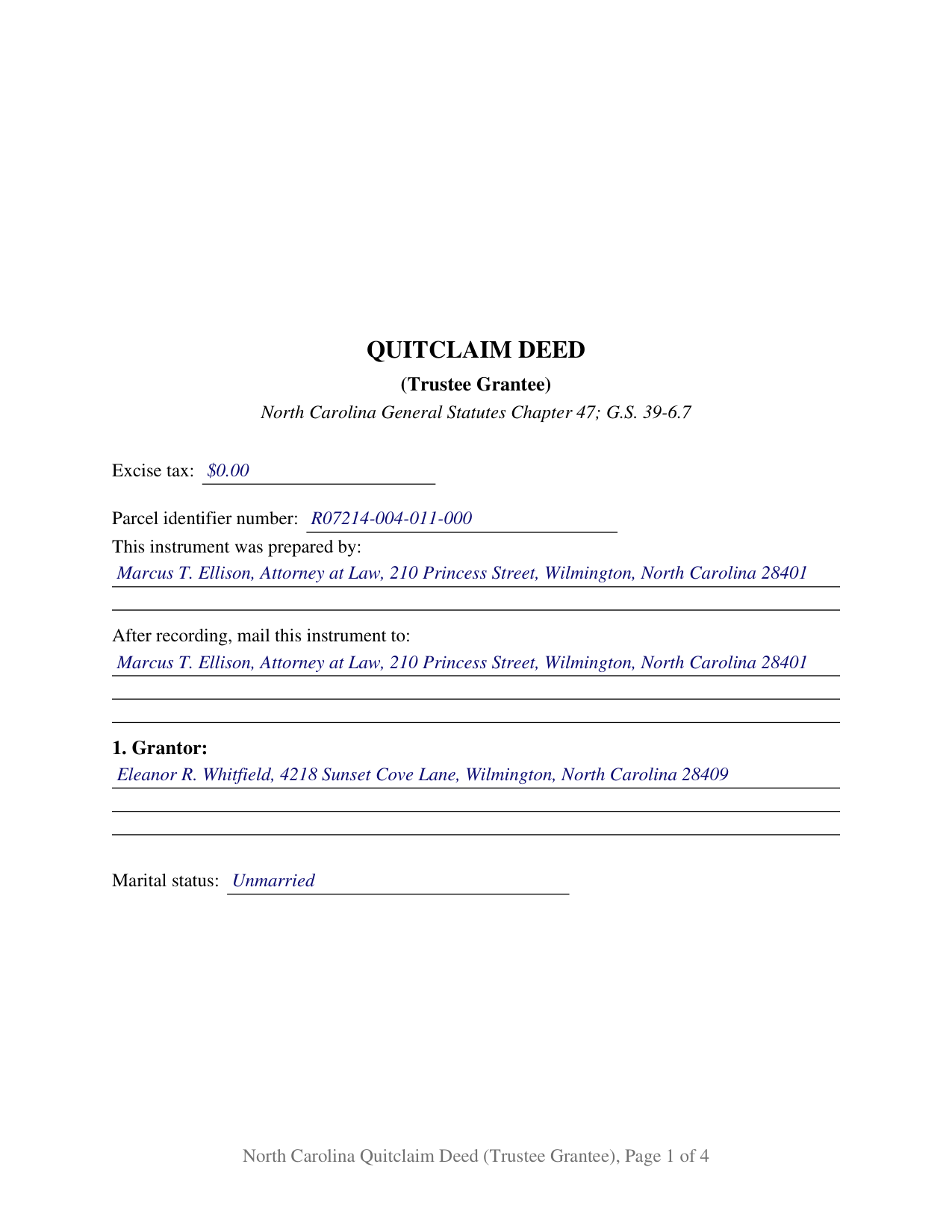 Jones County Completed Example of the Quitclaim Deed (Trustee Grantee) Document