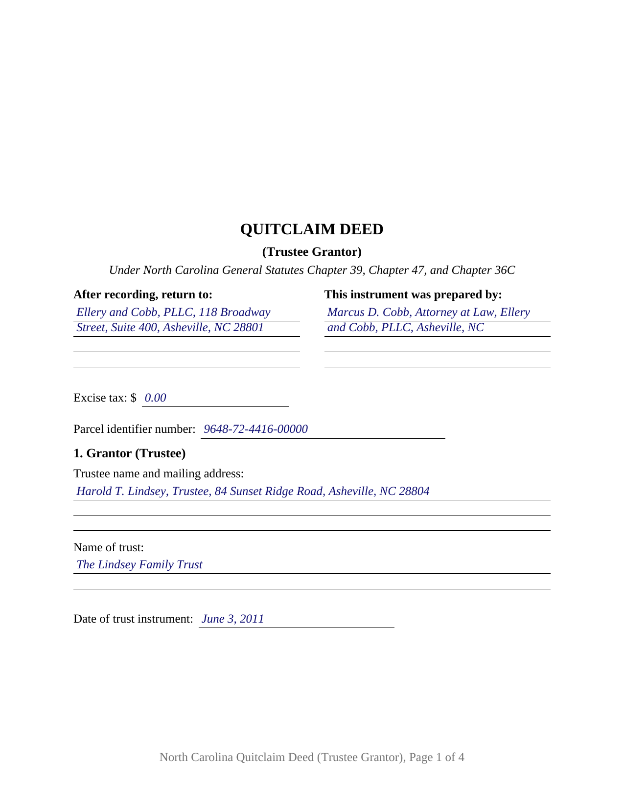 Jones County Completed Example of the Quitclaim Deed (Trustee Grantor) Document