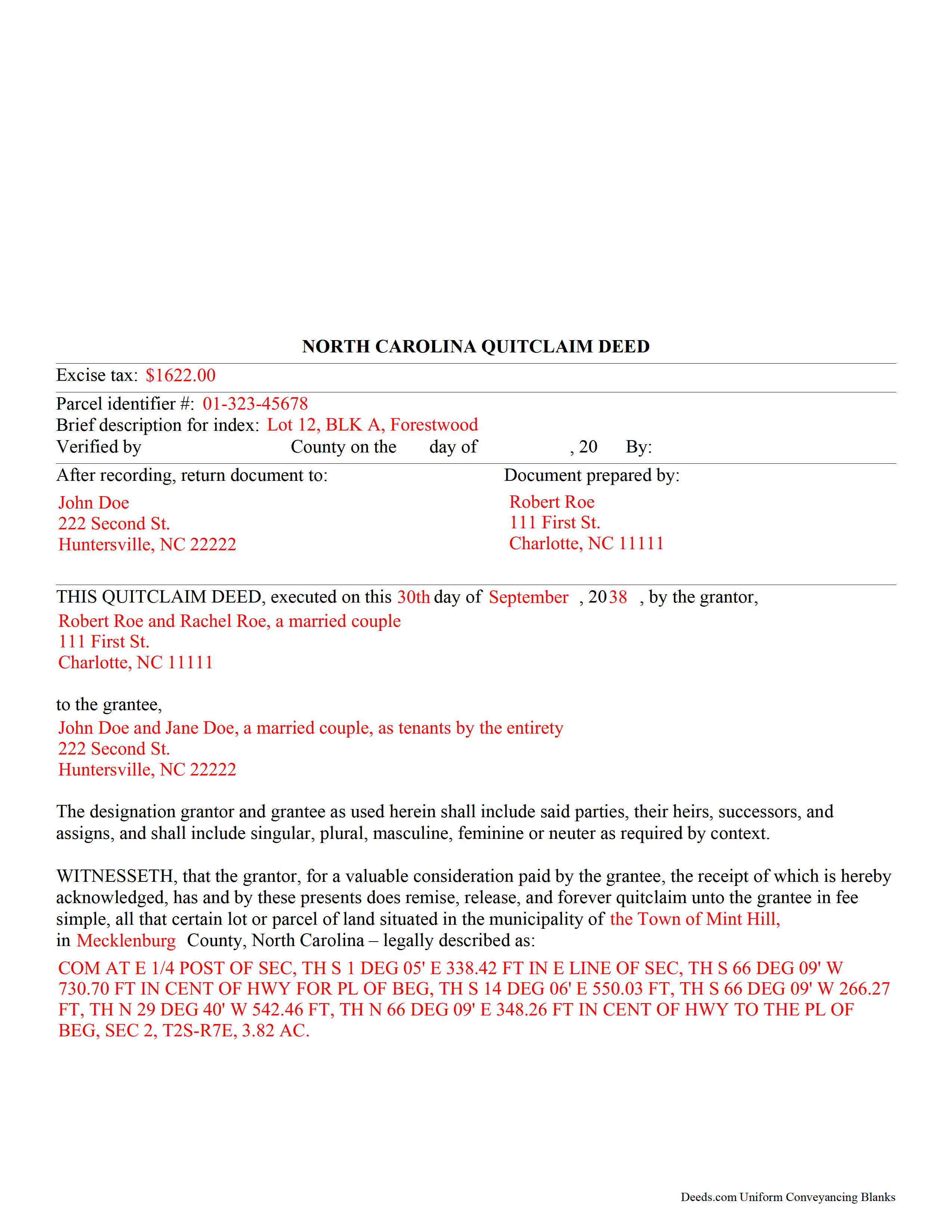Haywood County Completed Example of the Quitclaim Deed Document