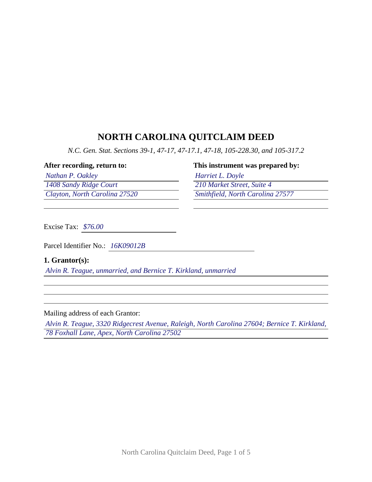 Durham County Completed Example of the Quitclaim Deed Document