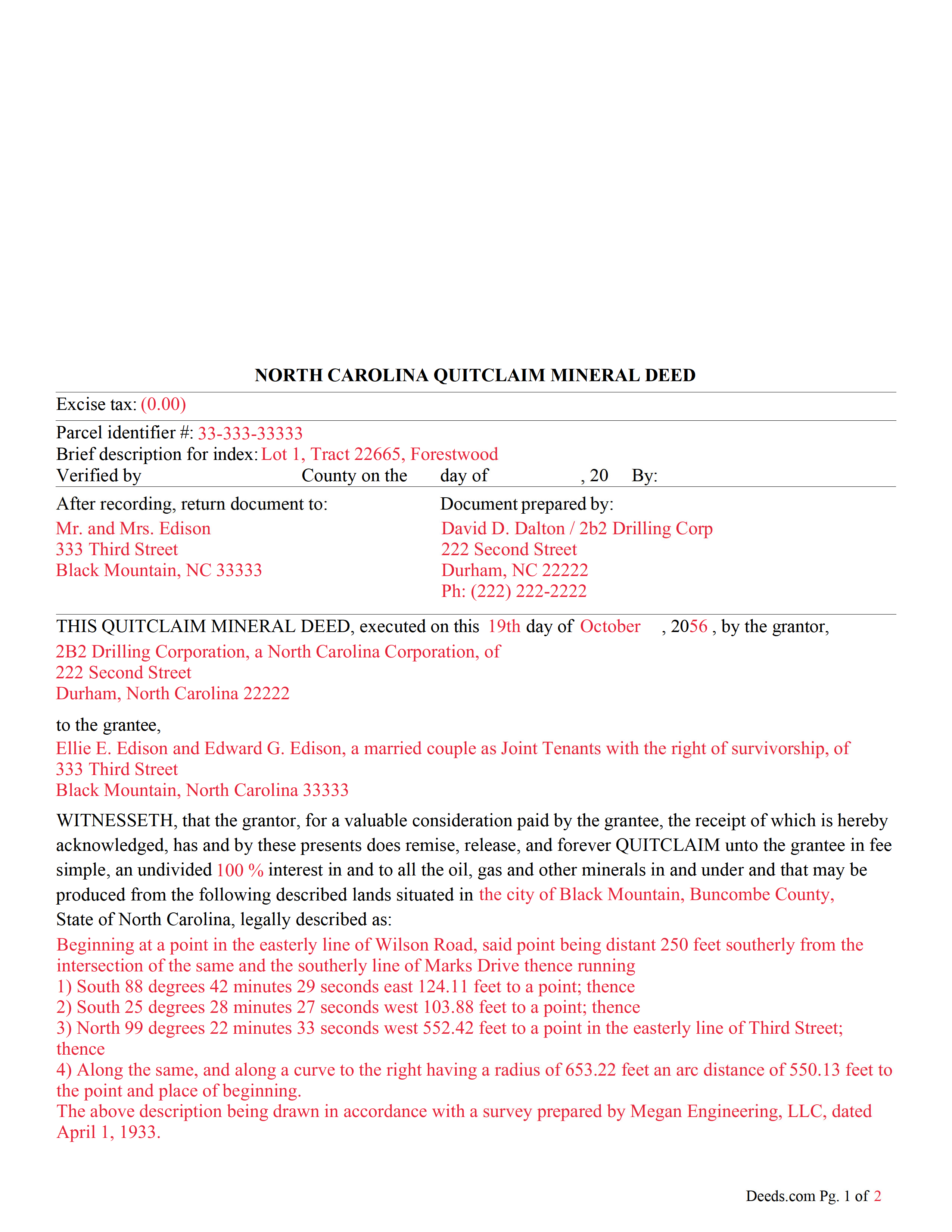 Completed Example of the Quitclaim Mineral Deed Document