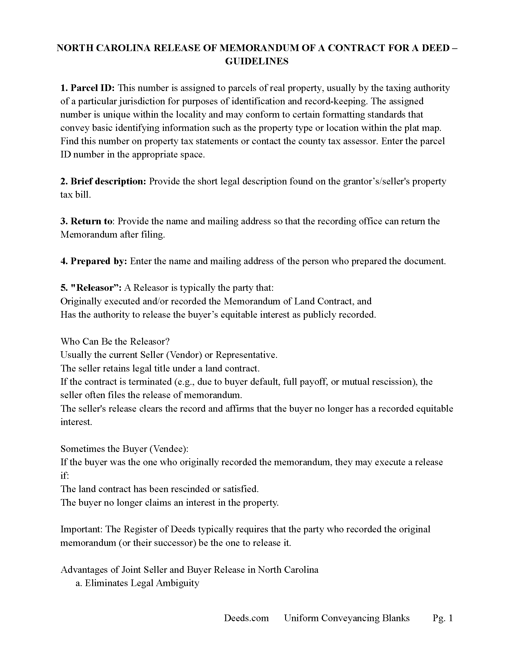 Sampson County Release of a Memorandum of a Contract for Deed Guide