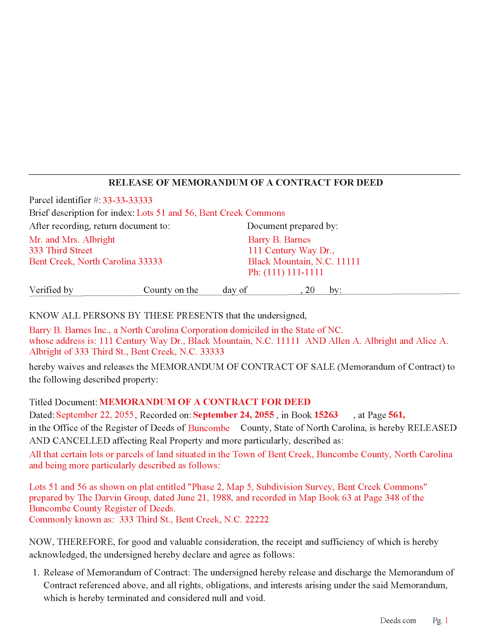 Sampson County Completed Example of the Release of a Memorandum of a Contract for Deed Document