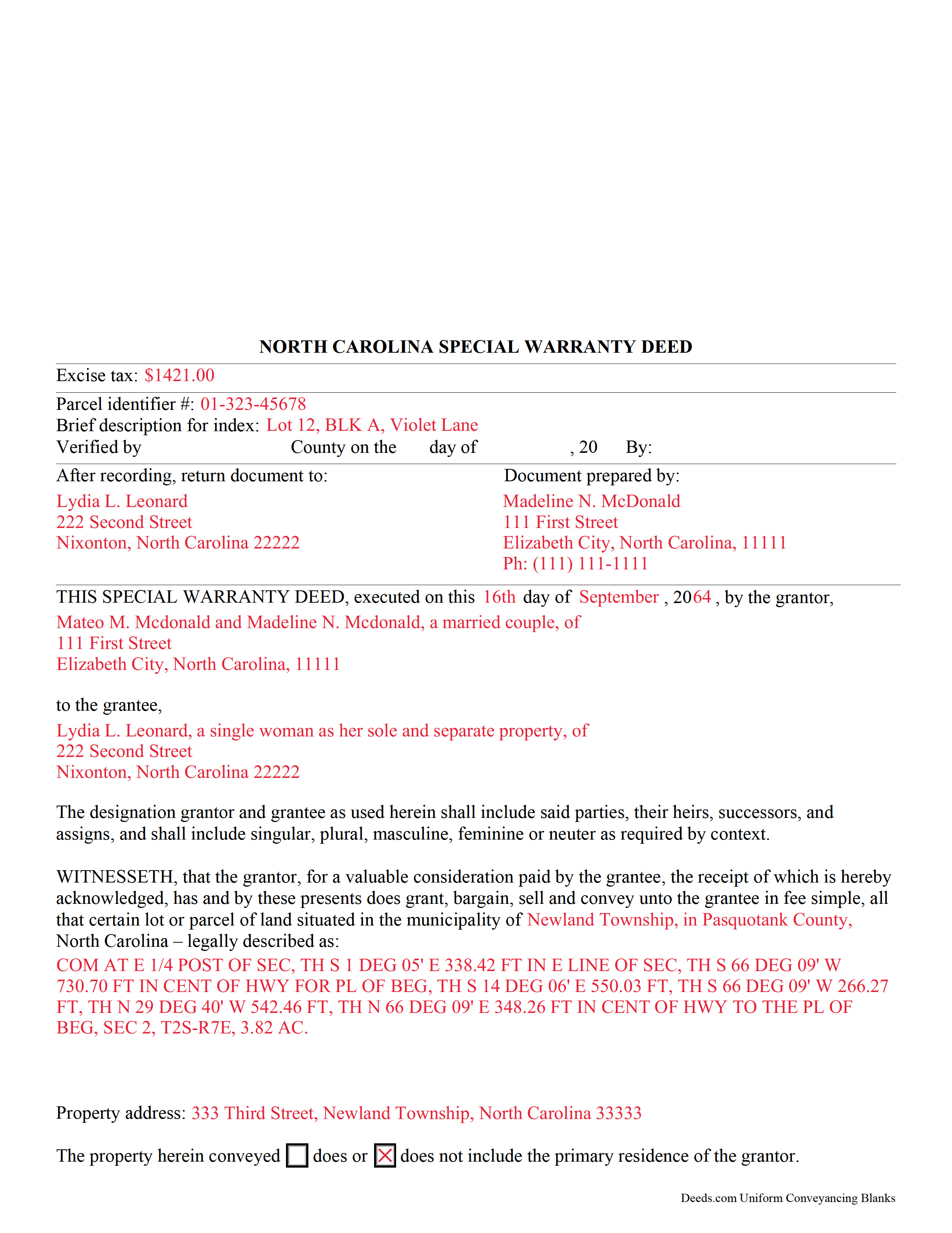 Completed Example of the Special Warranty Deed Document