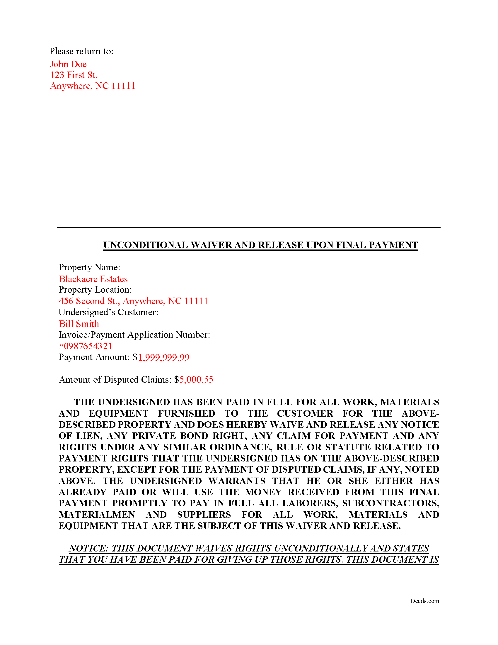 Completed Example of the Unconditional Waiver upon Final Payment Document