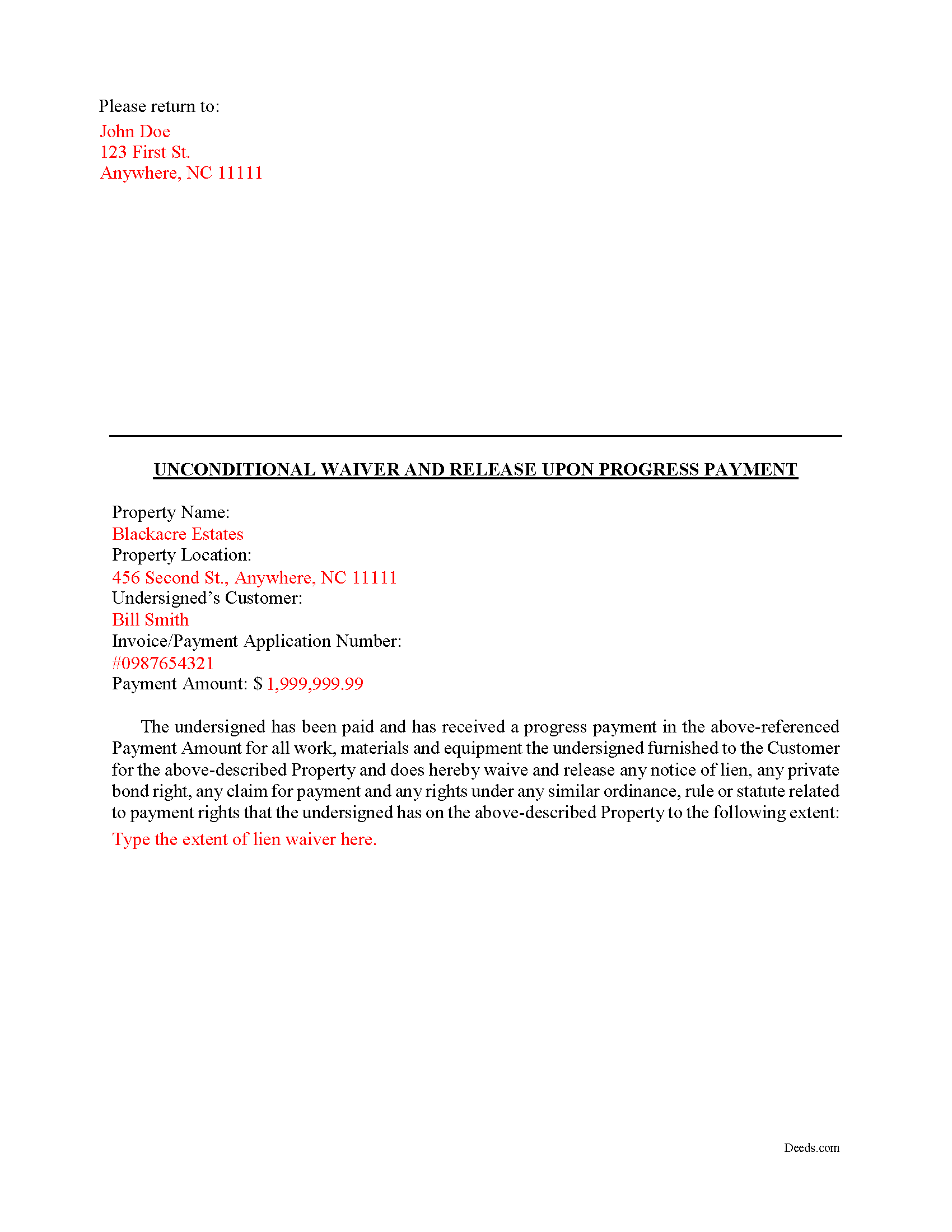 Alamance County Completed Example of the Unconditional Waiver on Progress Payment Document