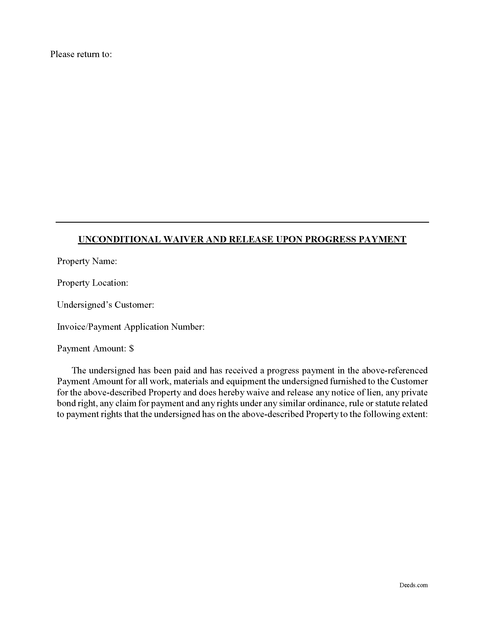 Alamance County Unconditional Waiver on Progress Payment Form