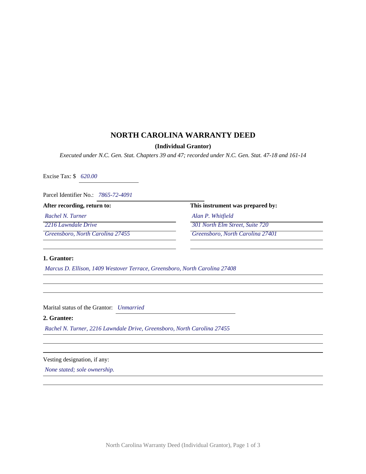 Polk County Completed Example of the Warranty Deed (Individual Grantor) Document