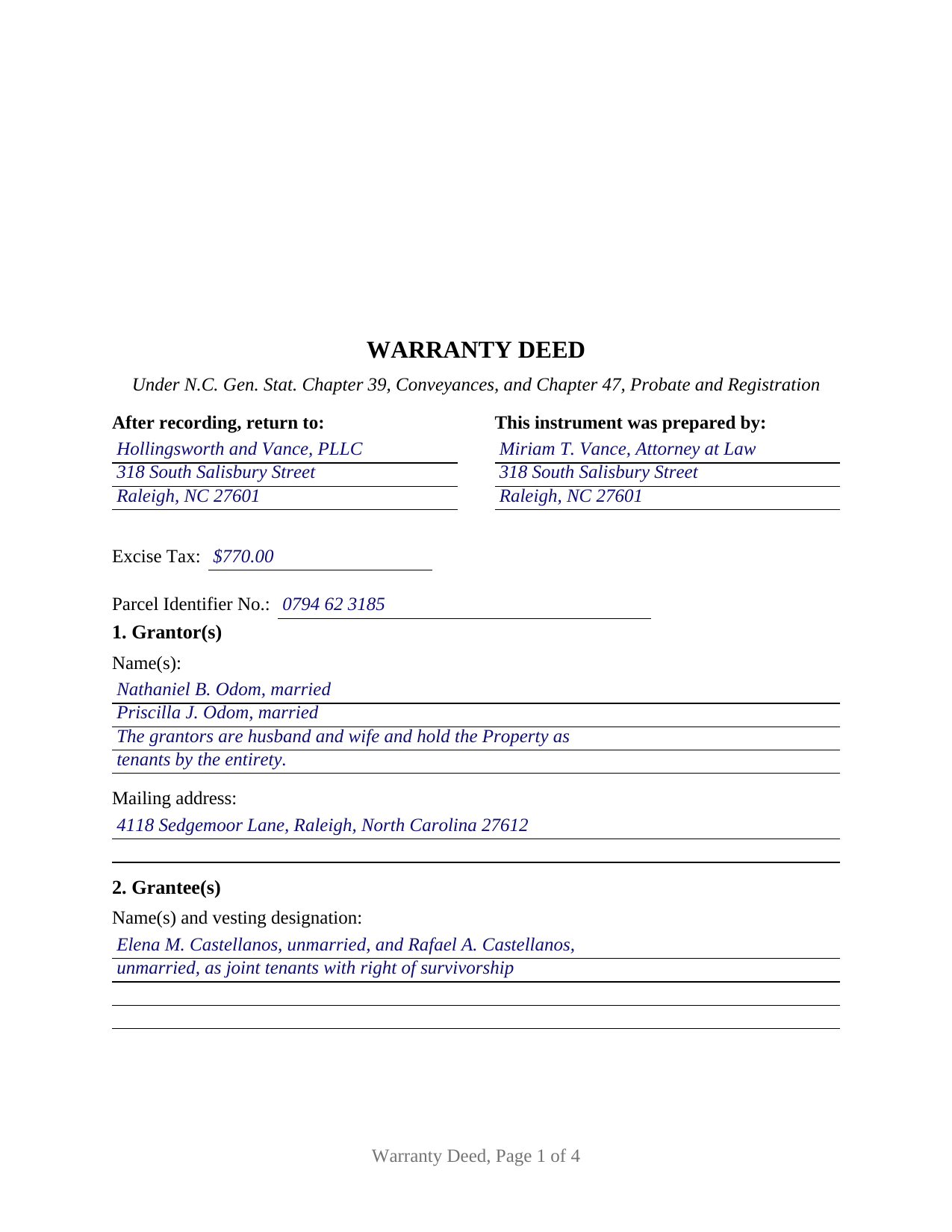 Gates County Completed Example of the Warranty Deed Document