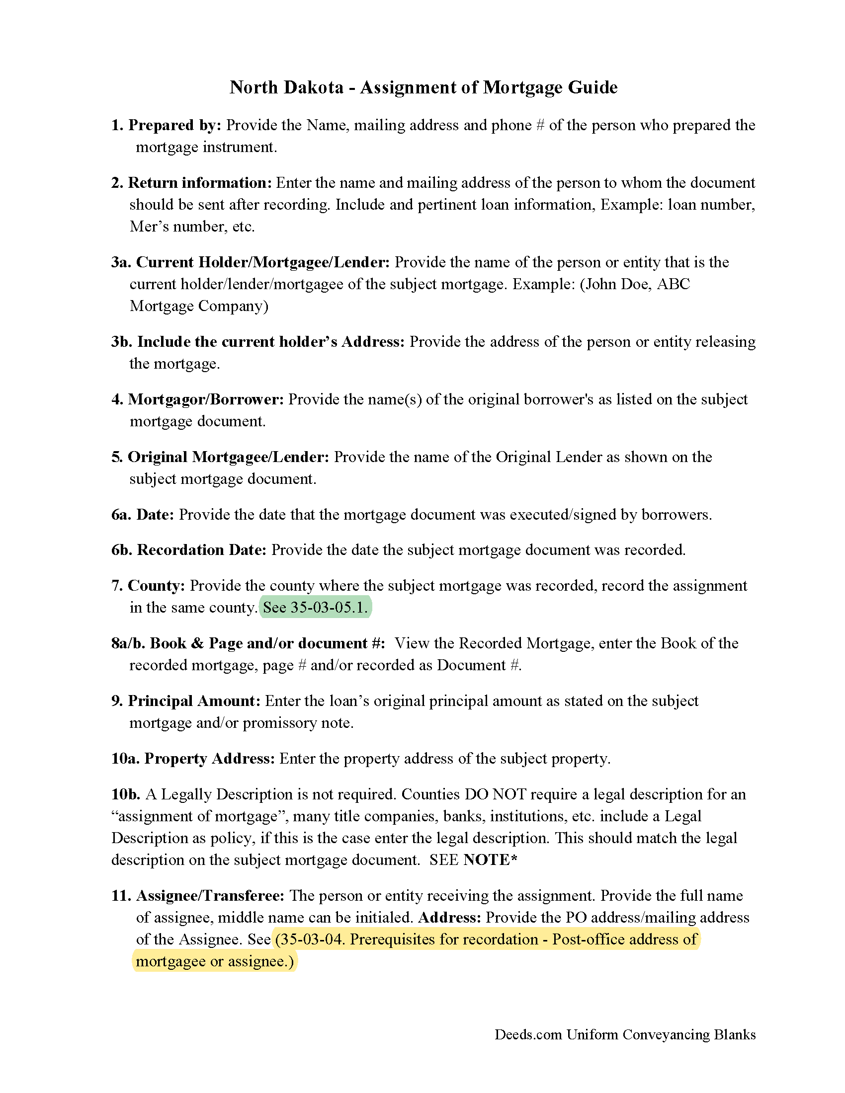 Kidder County Guidelines for Assignment of Mortgage