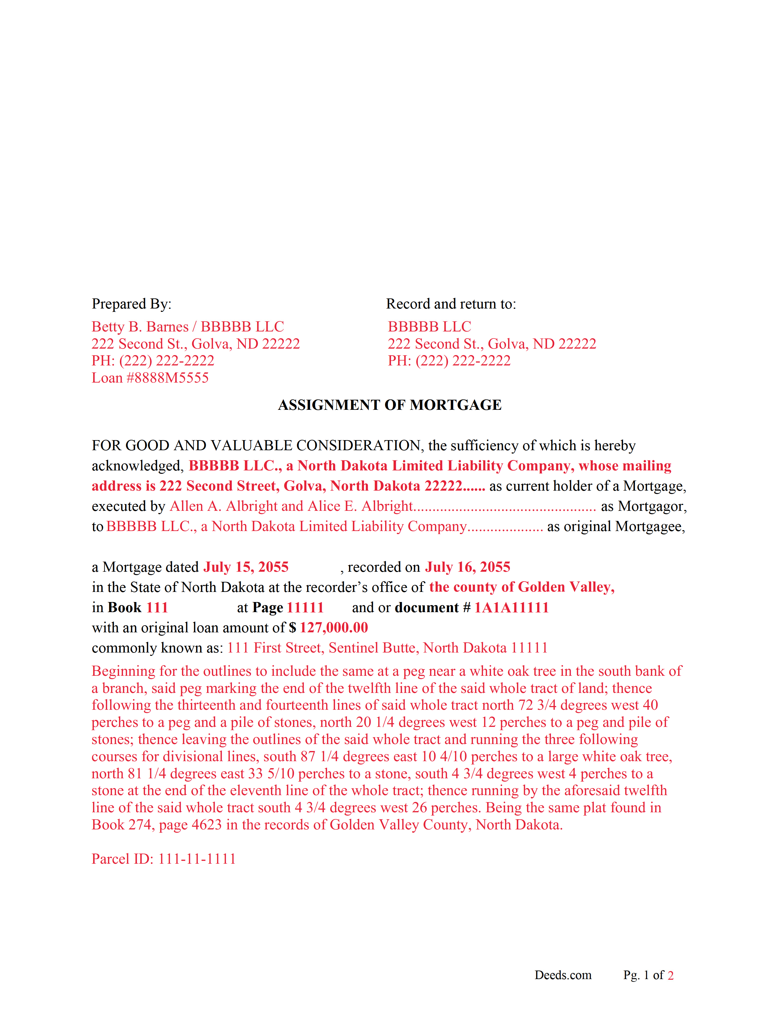 Kidder County Completed Example of the Assignment of Mortgage Document