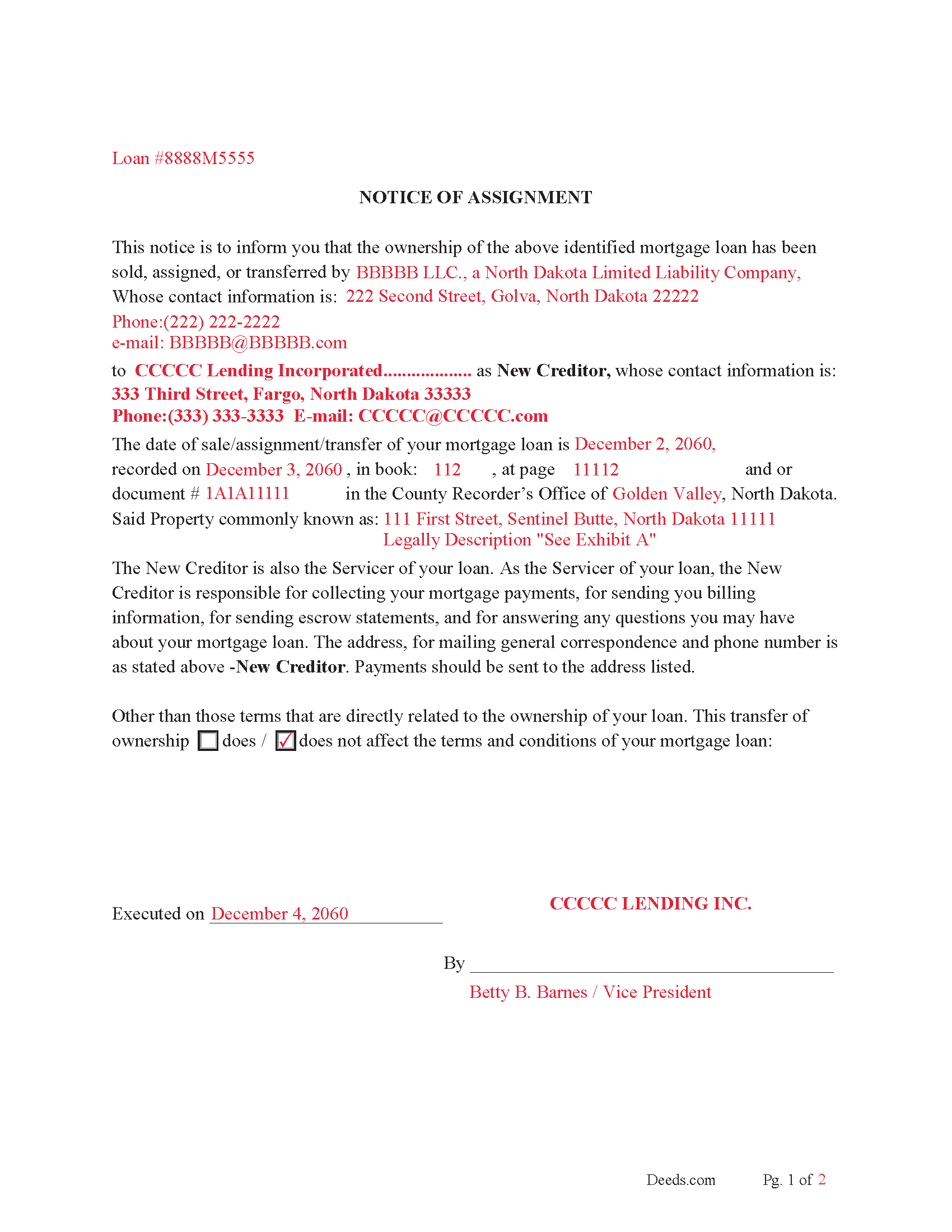Completed Example of as Assignment of Mortgage Document