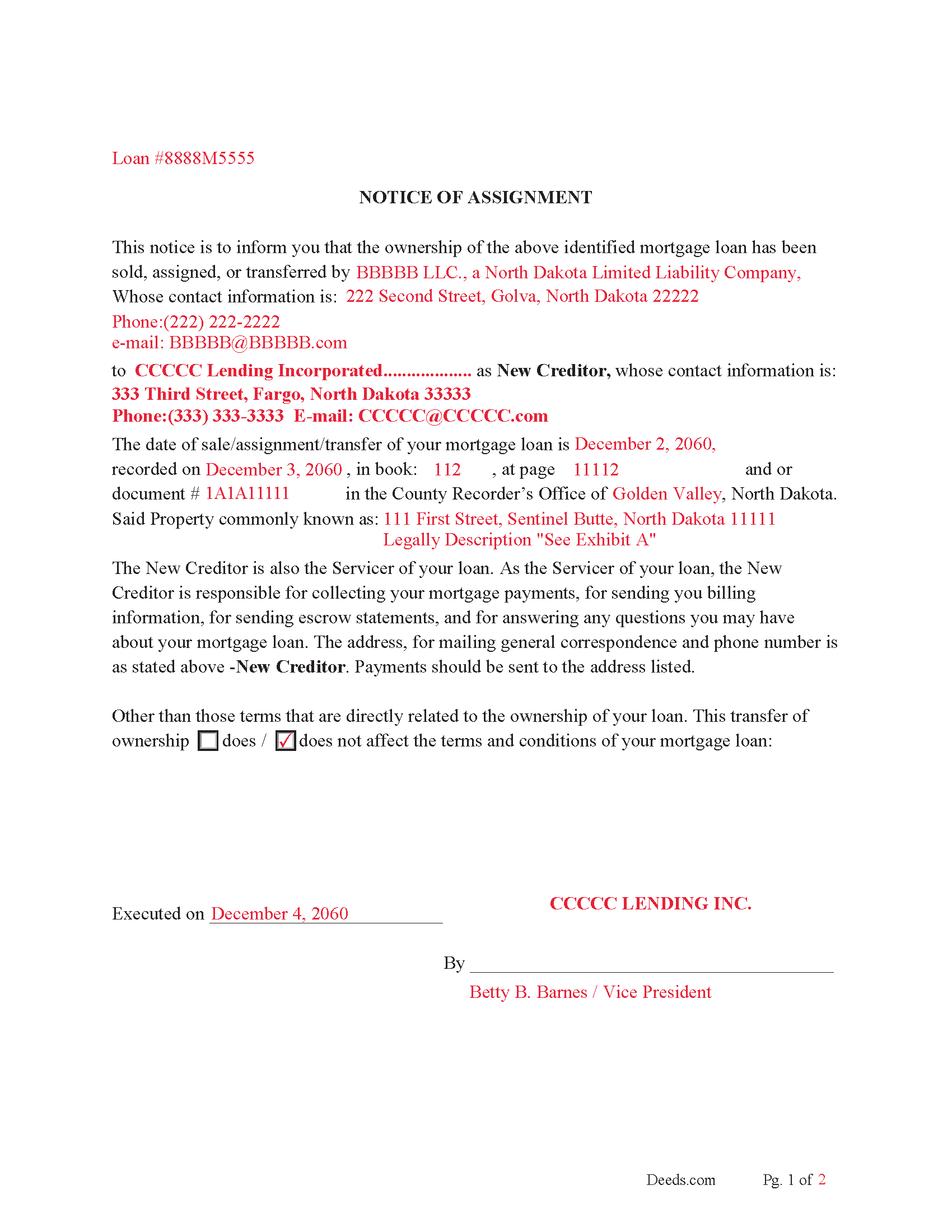 Kidder County Completed Example of as Assignment of Mortgage Document