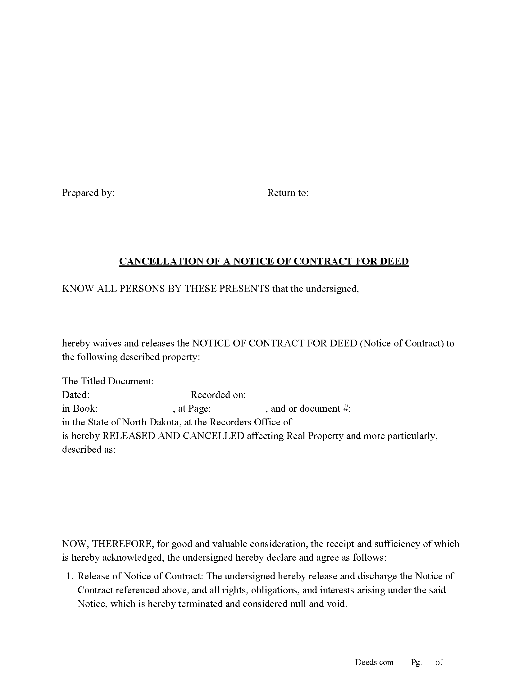 Ward County Cancellation of a Notice of Contract for Deed Form