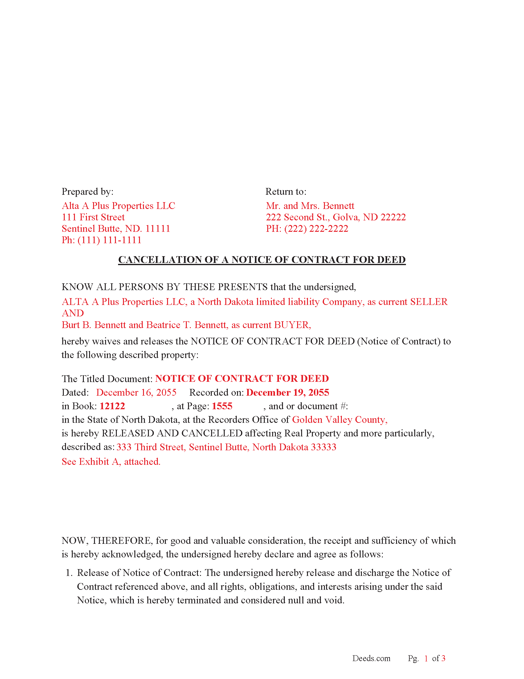 Ward County Completed Example of the Cancellation of a Notice of Contract for Deed Document