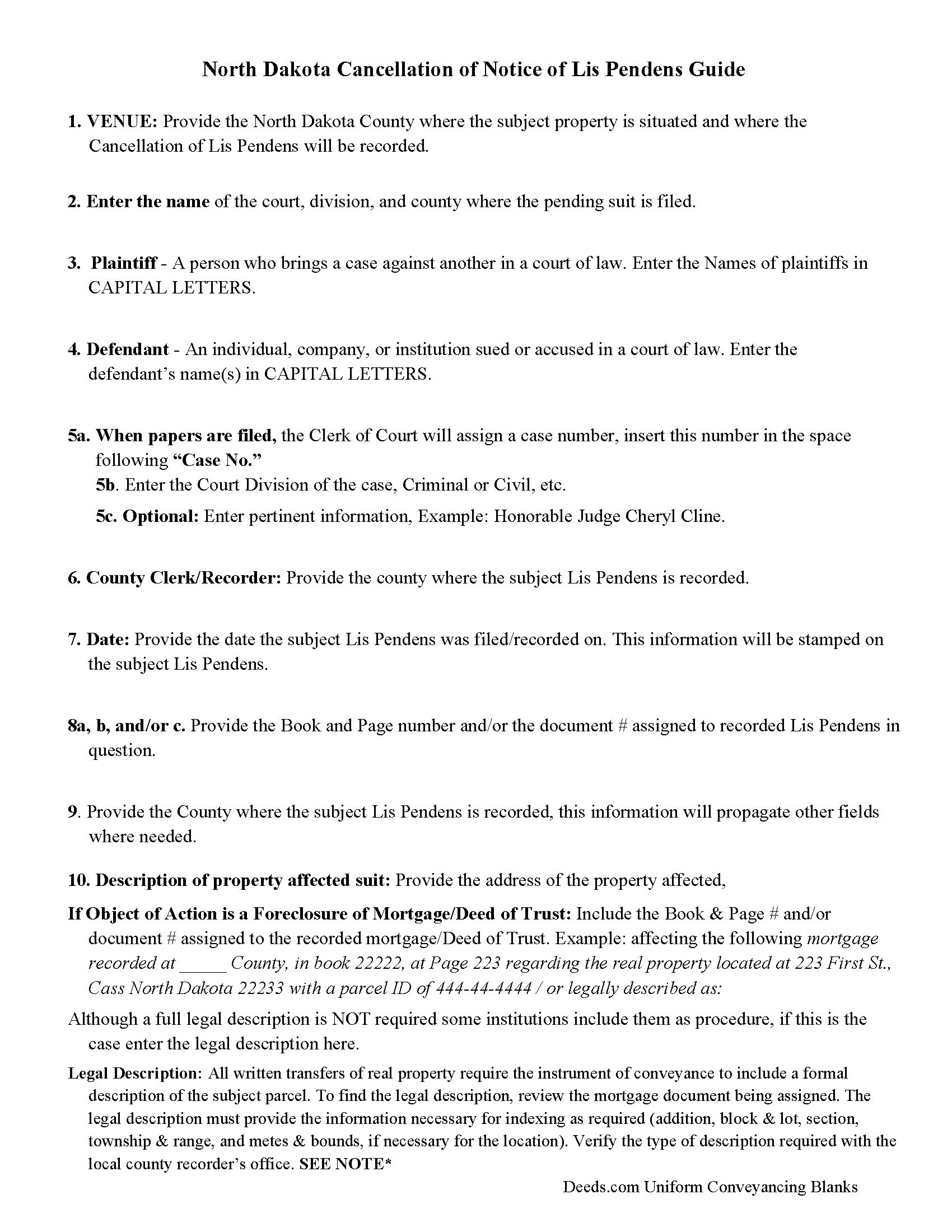 Kidder County Guidelines for Cancellation of Lis Pendens