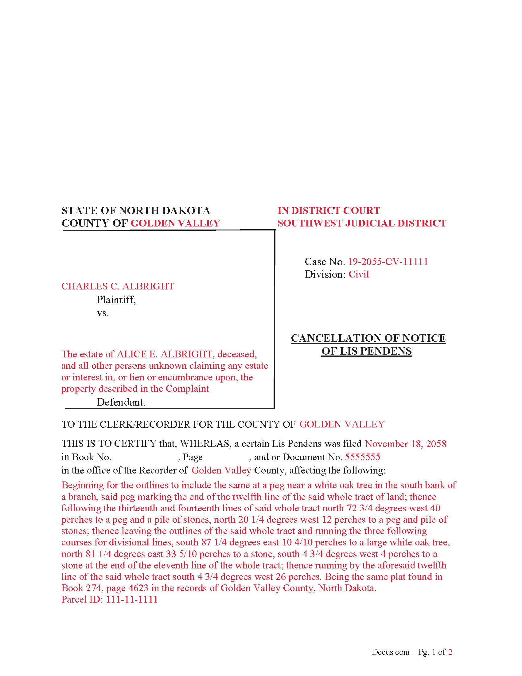 Kidder County Completed Example of the Cancellation Notice