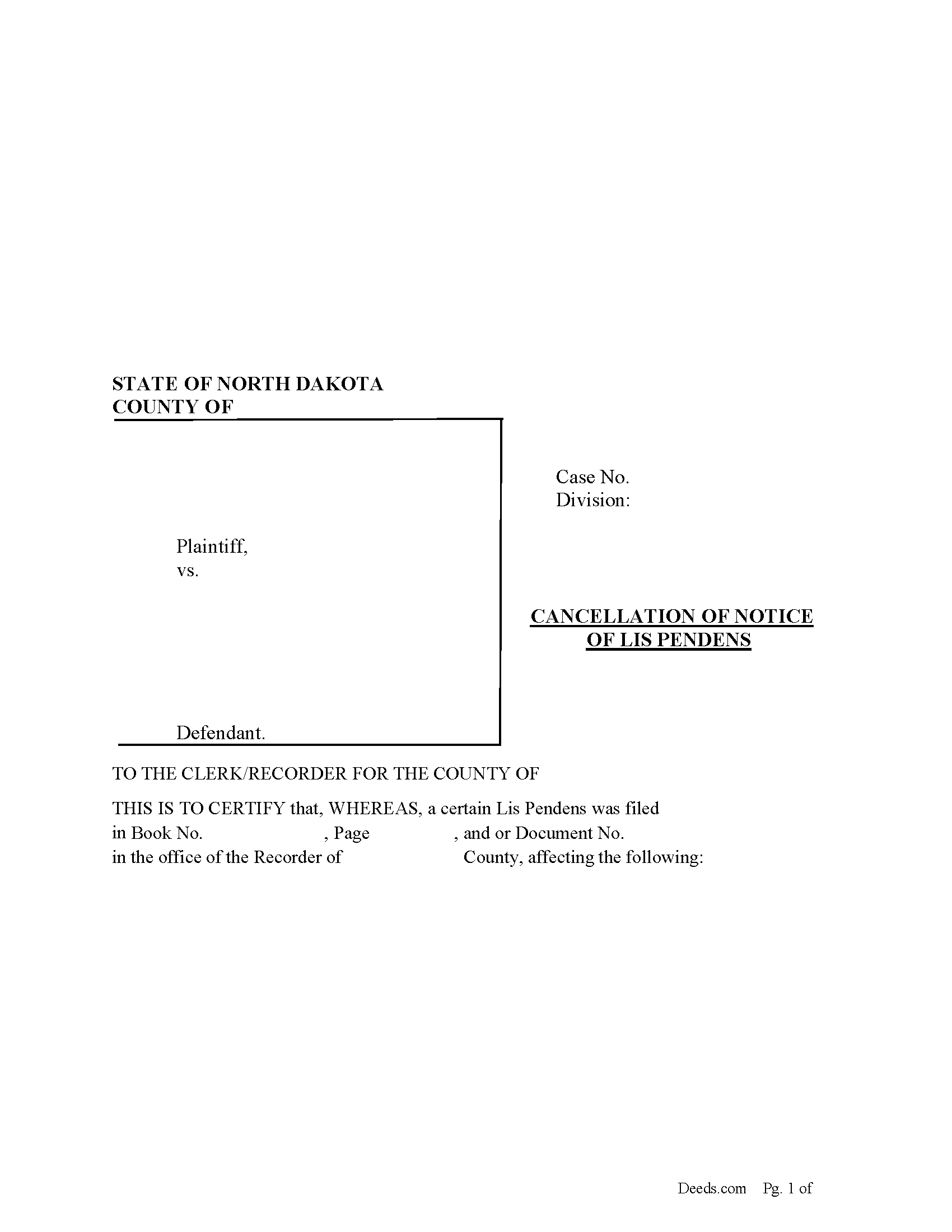 Kidder County Cancellation of Notice of Lis Pendens Form