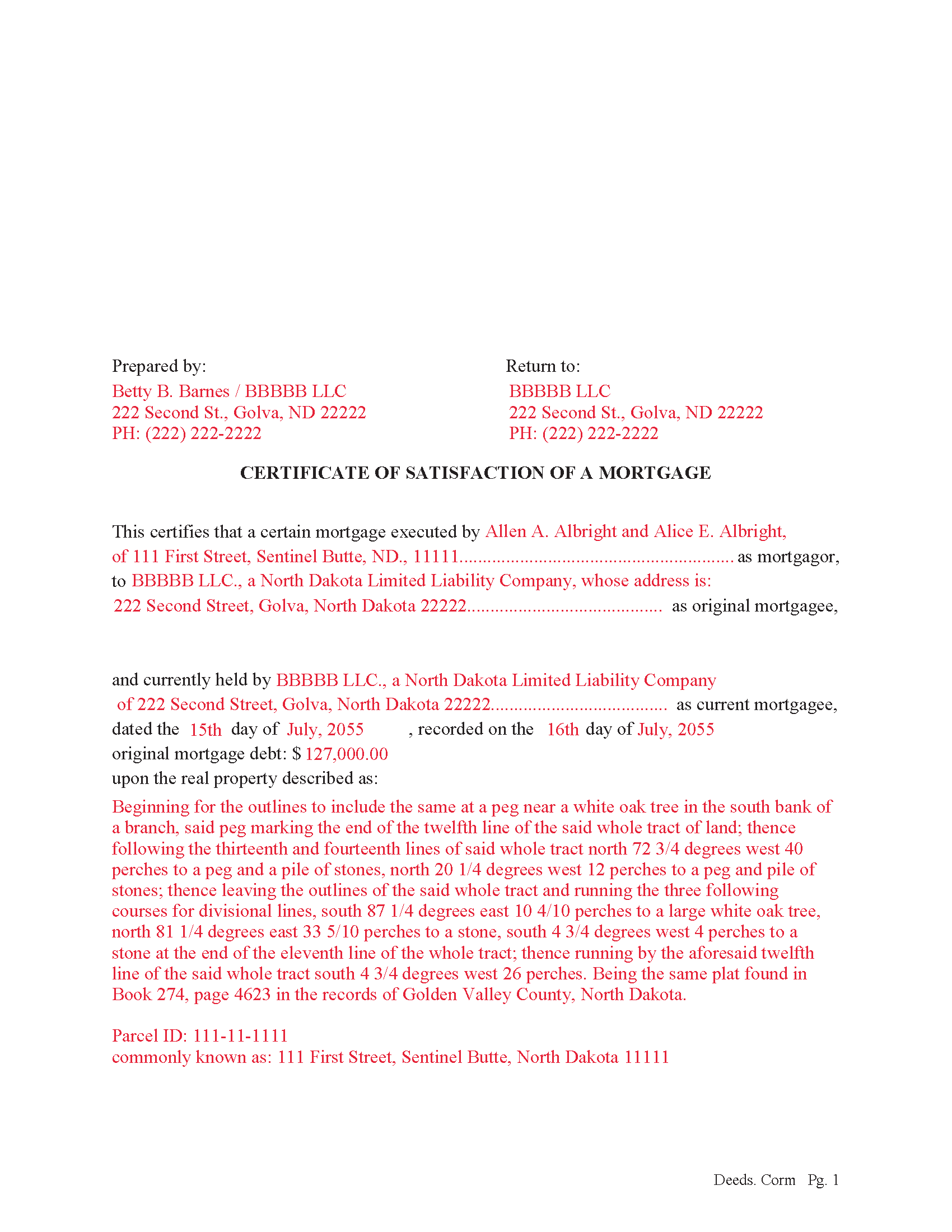 Kidder County Completed Example of the Certificate of Discharge Document