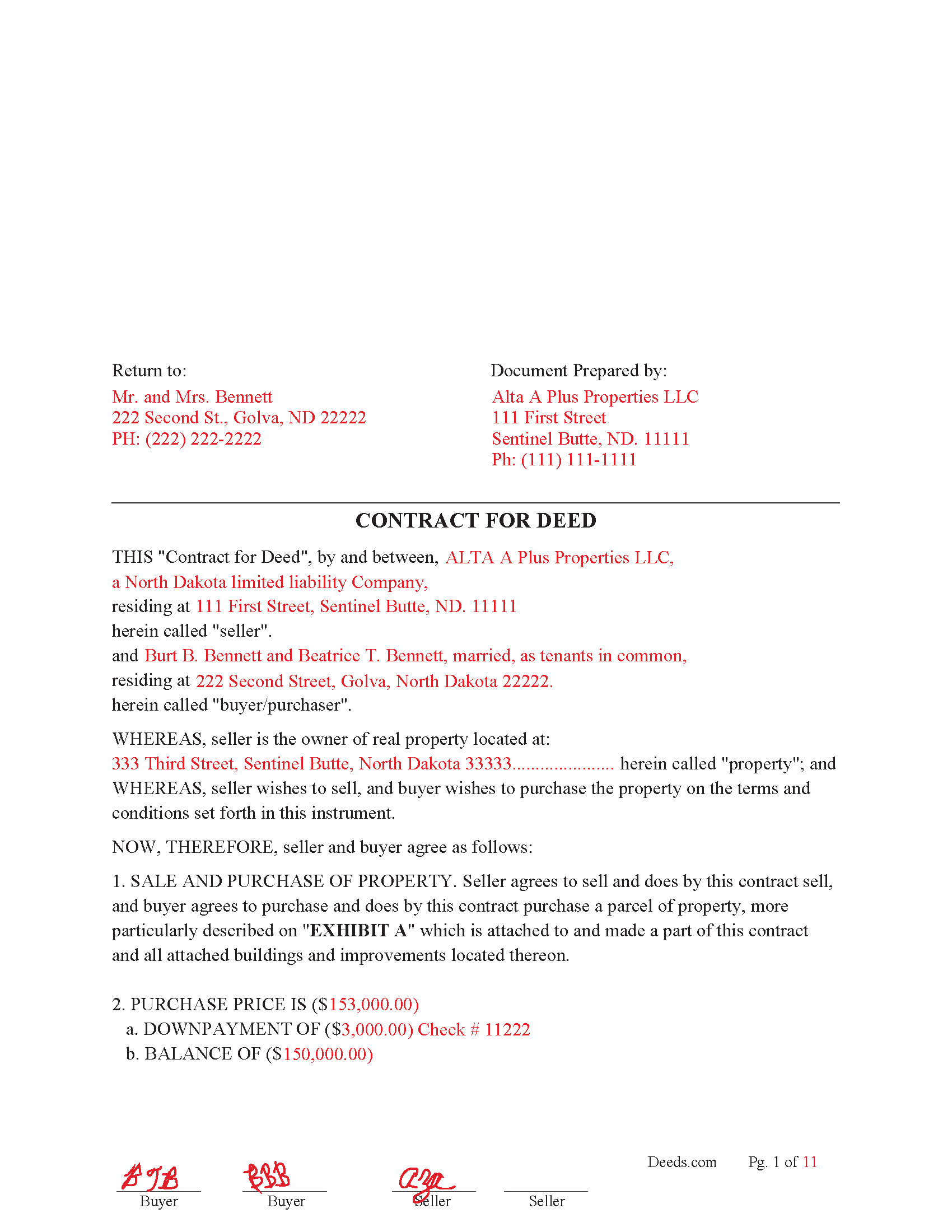 Williams County Completed Example of the Contract for Deed Document