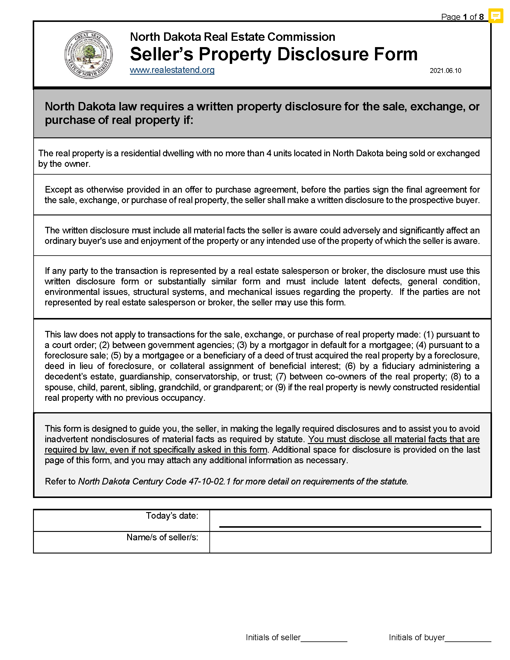 Williams County Sellers Residential Property Disclosure Form