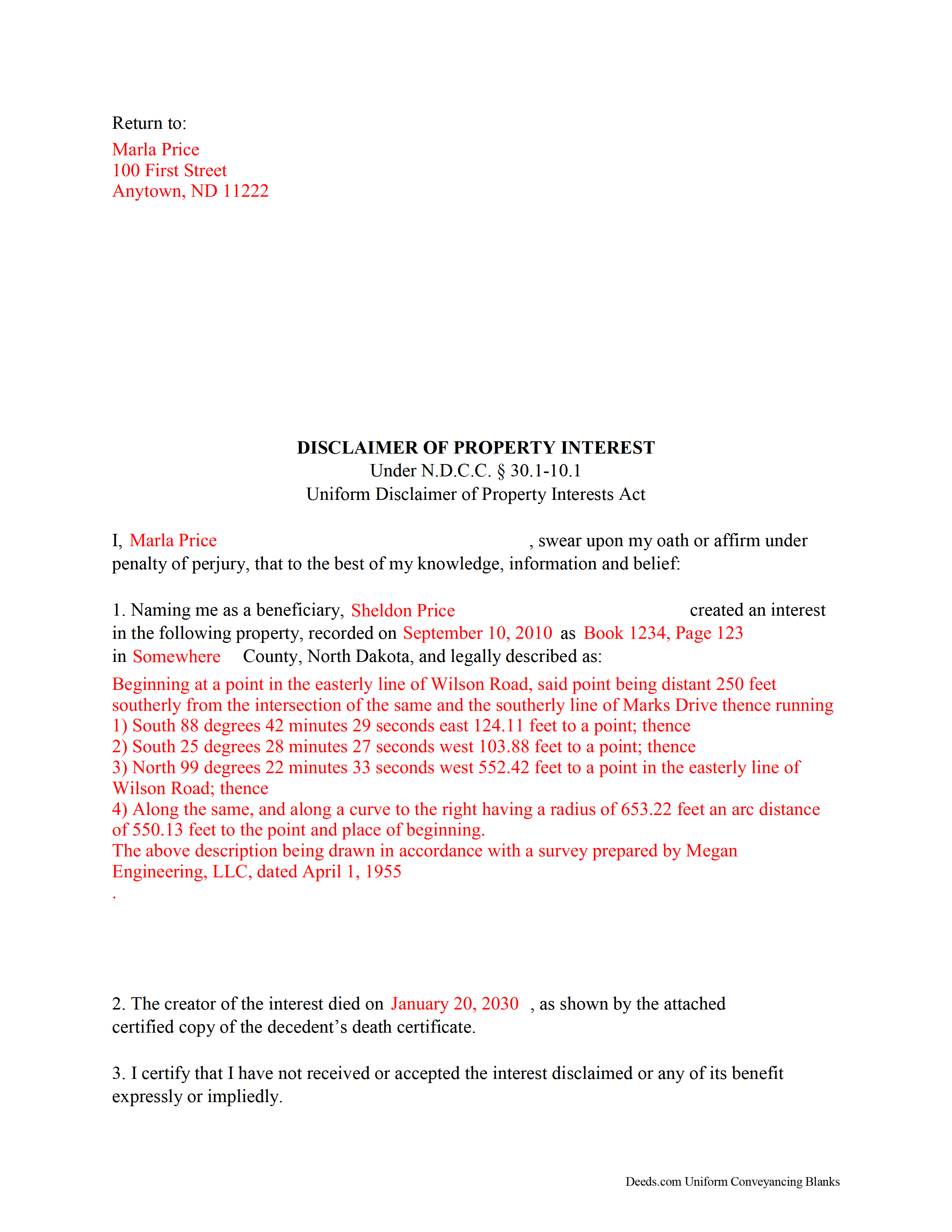 Kidder County Completed Example of the Disclaimer of Interest Document
