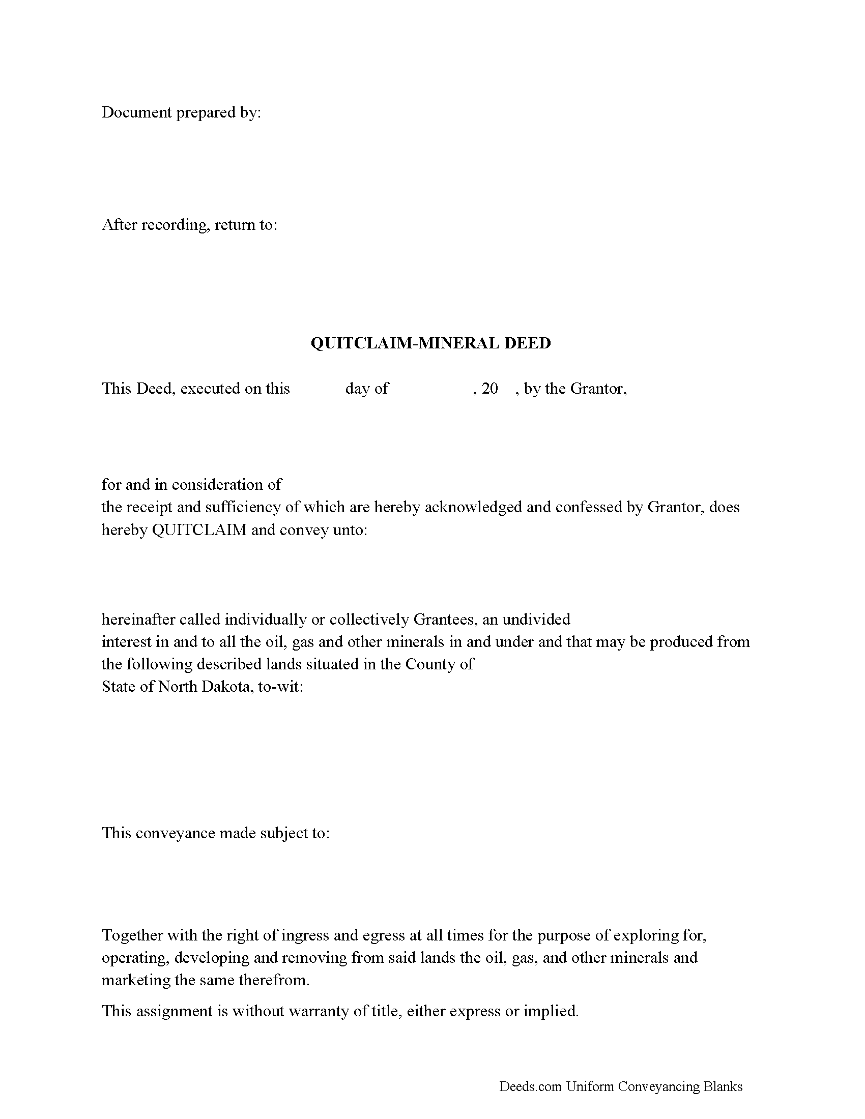 Kidder County Mineral Deed with Quitclaim Covenants Form