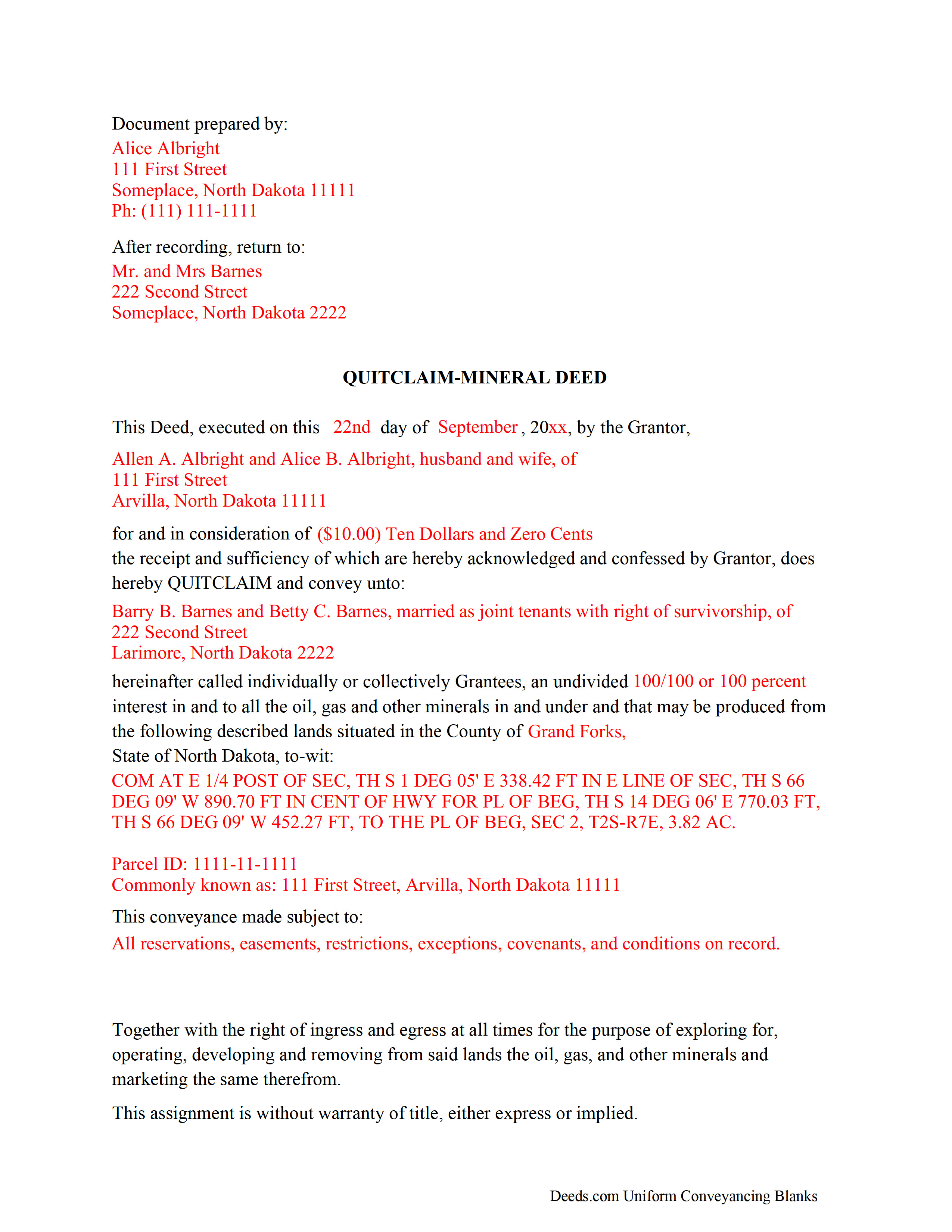 Kidder County Completed Example of the Mineral Deed with Quitclaim Covenants Document