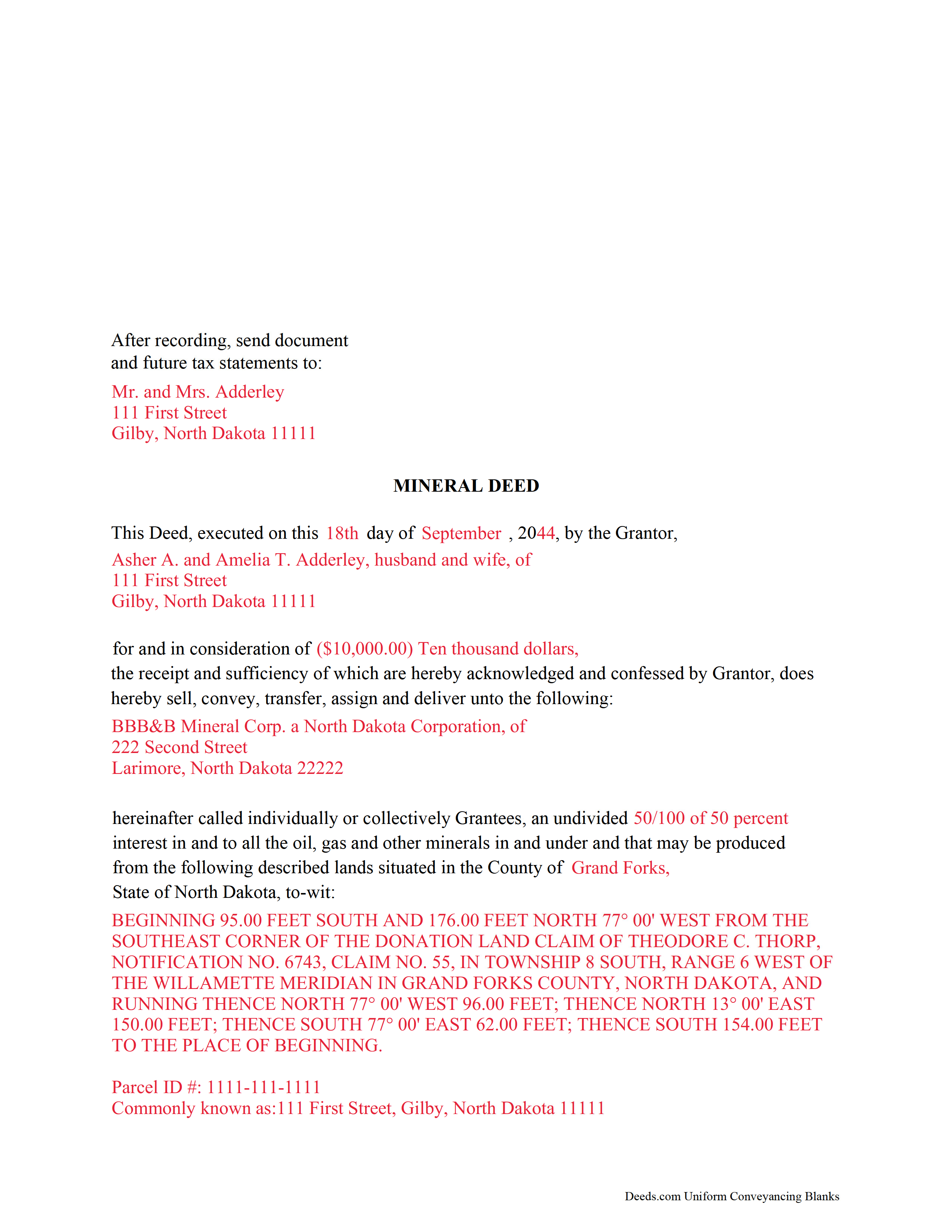 Kidder County Completed Example of a Mineral Deed Document