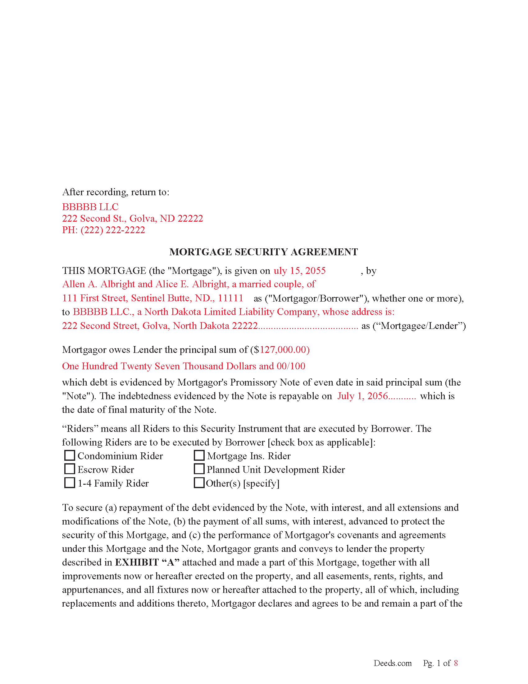 Kidder County Completed Example of the Mortgage Document