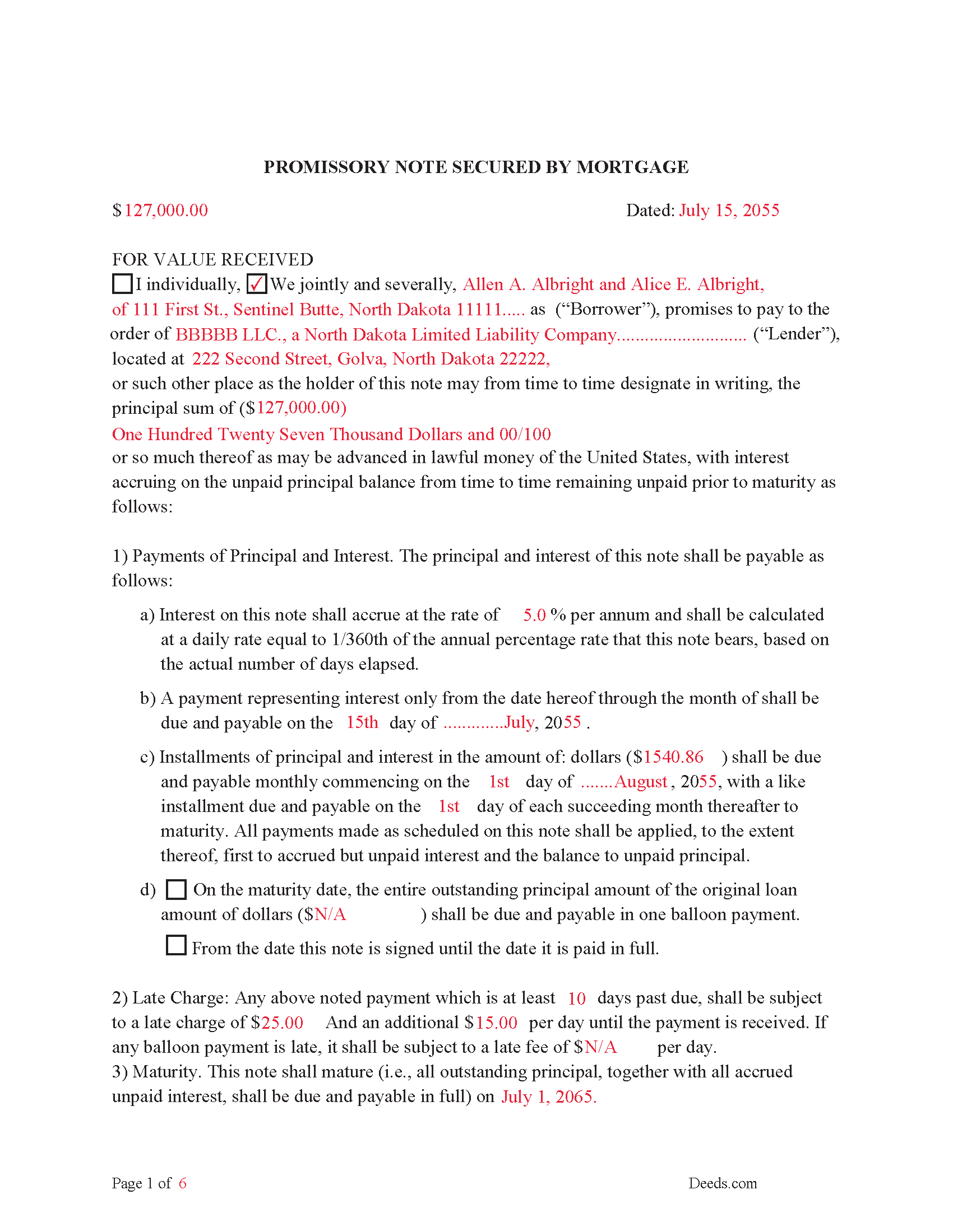 Kidder County Completed Example of the Promissory Note Document