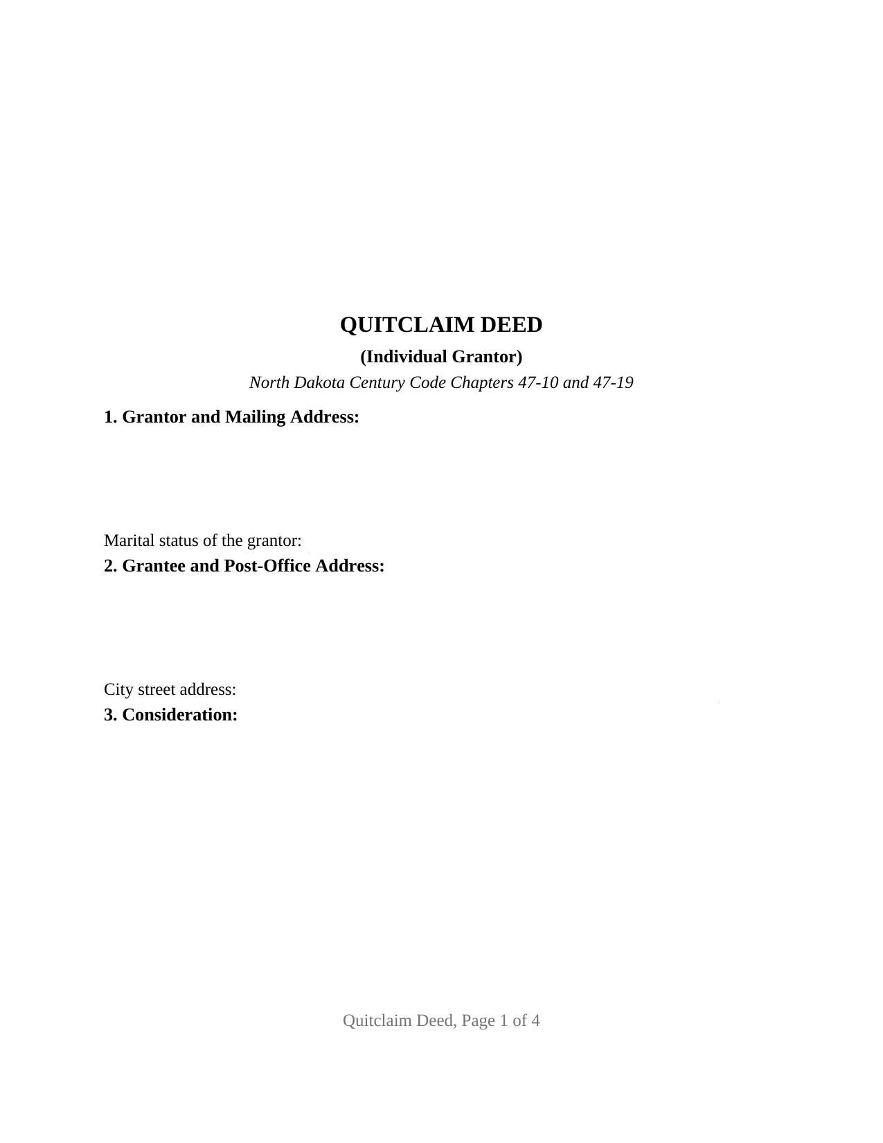 North Dakota Quitclaim Deed (Individual Grantor)